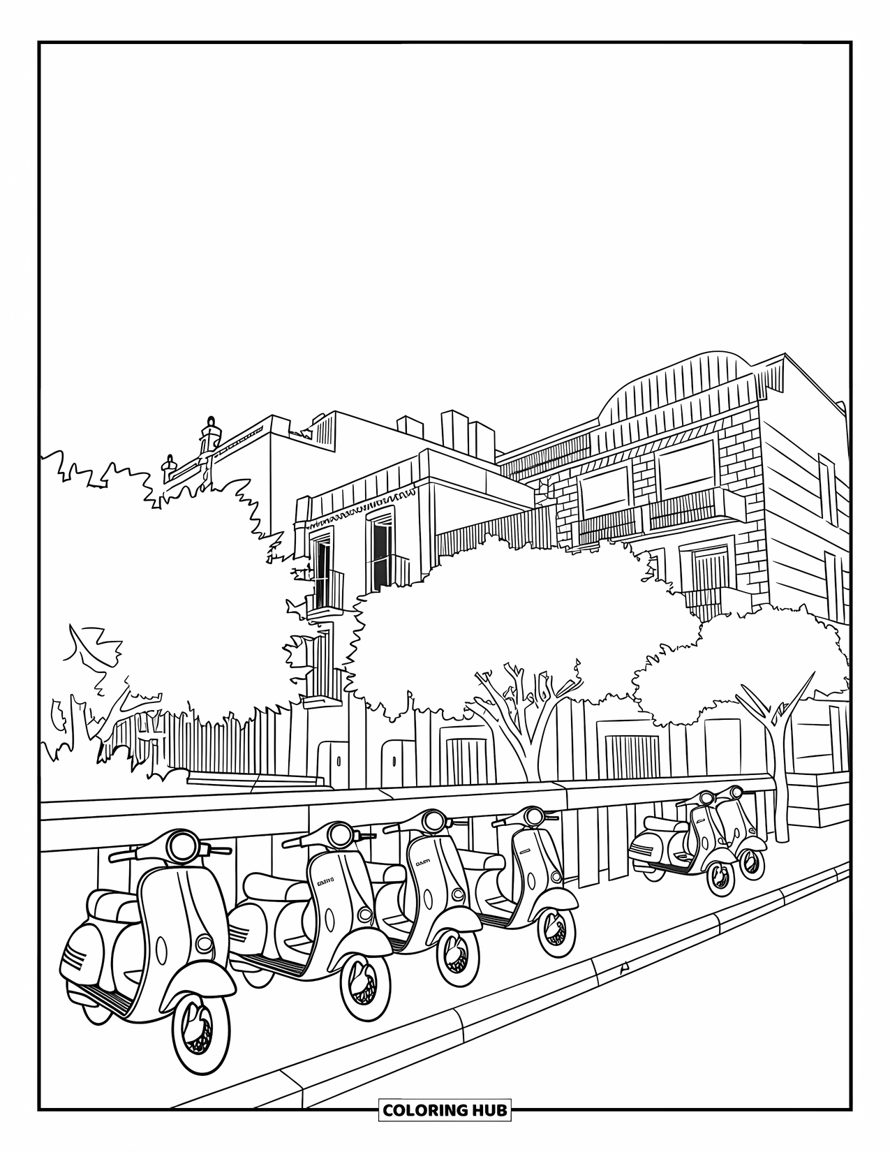 Barcelona Coloring Page for Kids: Street view with scooters, trees, and detailed buildings all around