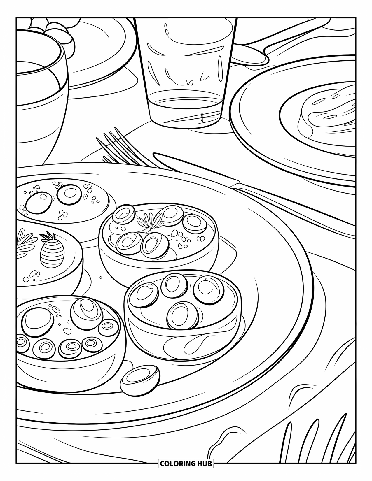 Barcelona Coloring Page for Kids: Tapas platter with olives and peppers served at a lively restaurant table