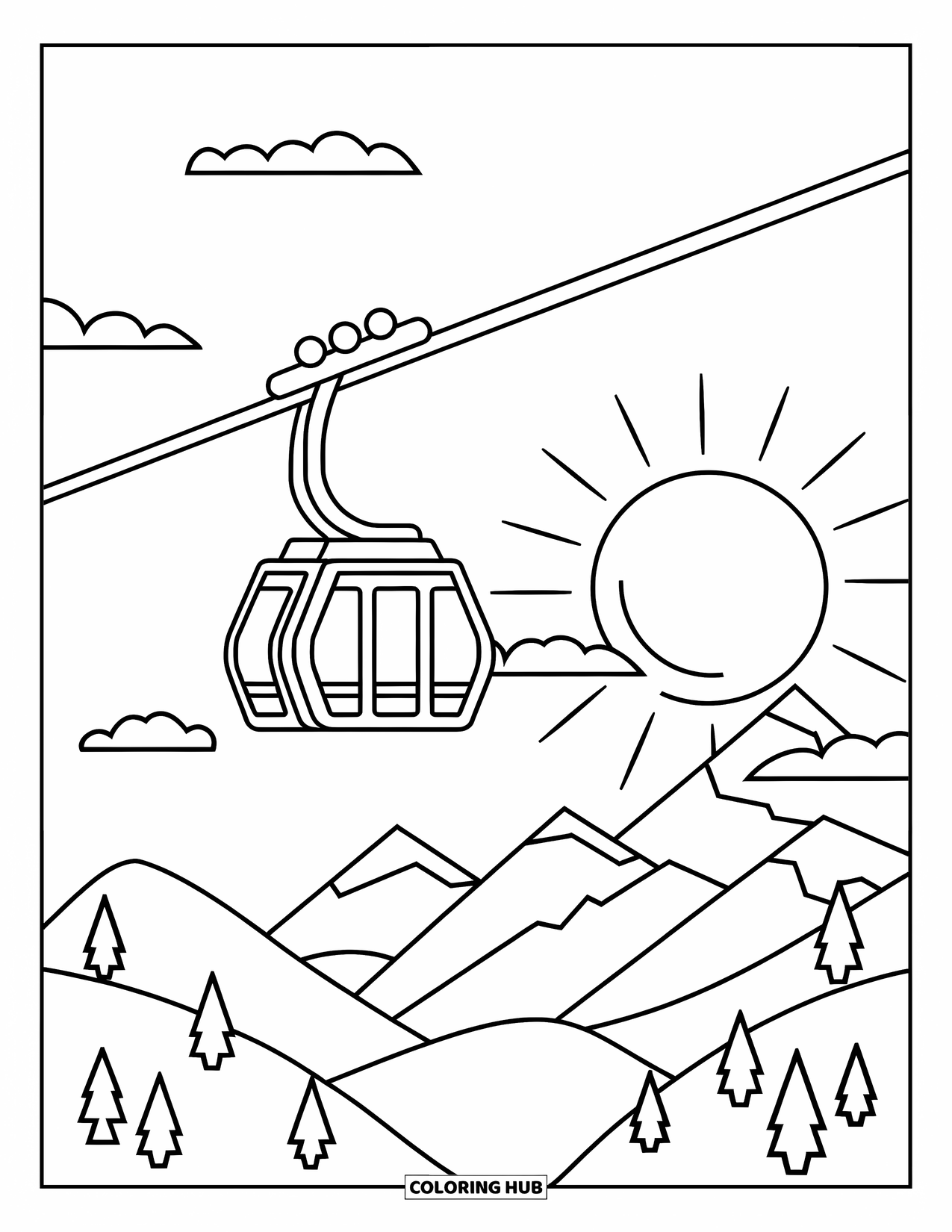 Barcelona Coloring Page for Kids: Two-cabin cable car soars over hills and clouds in the sky