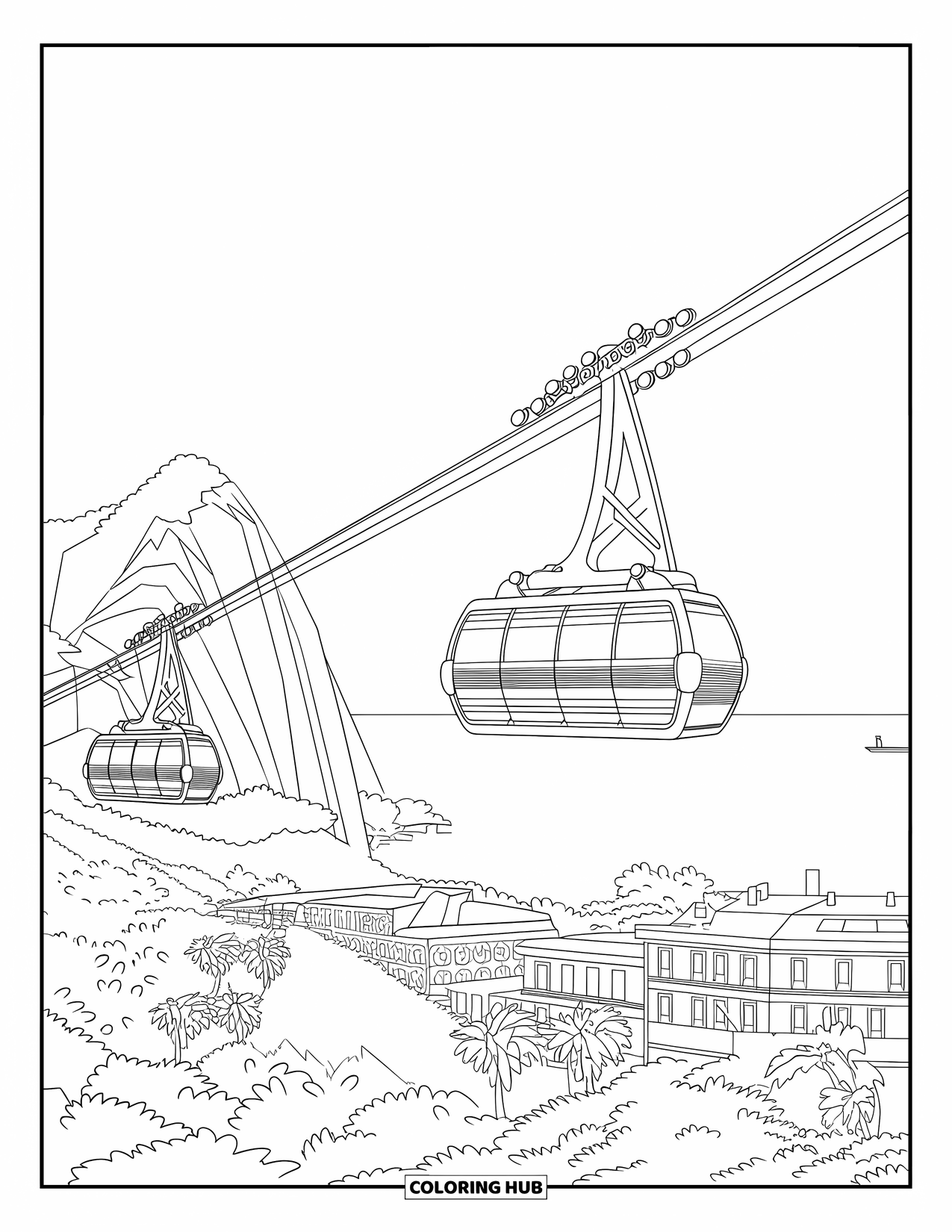 Barcelona Coloring Page for Kids: Two cabins cross Montjuïc with towers and rooftops nearby