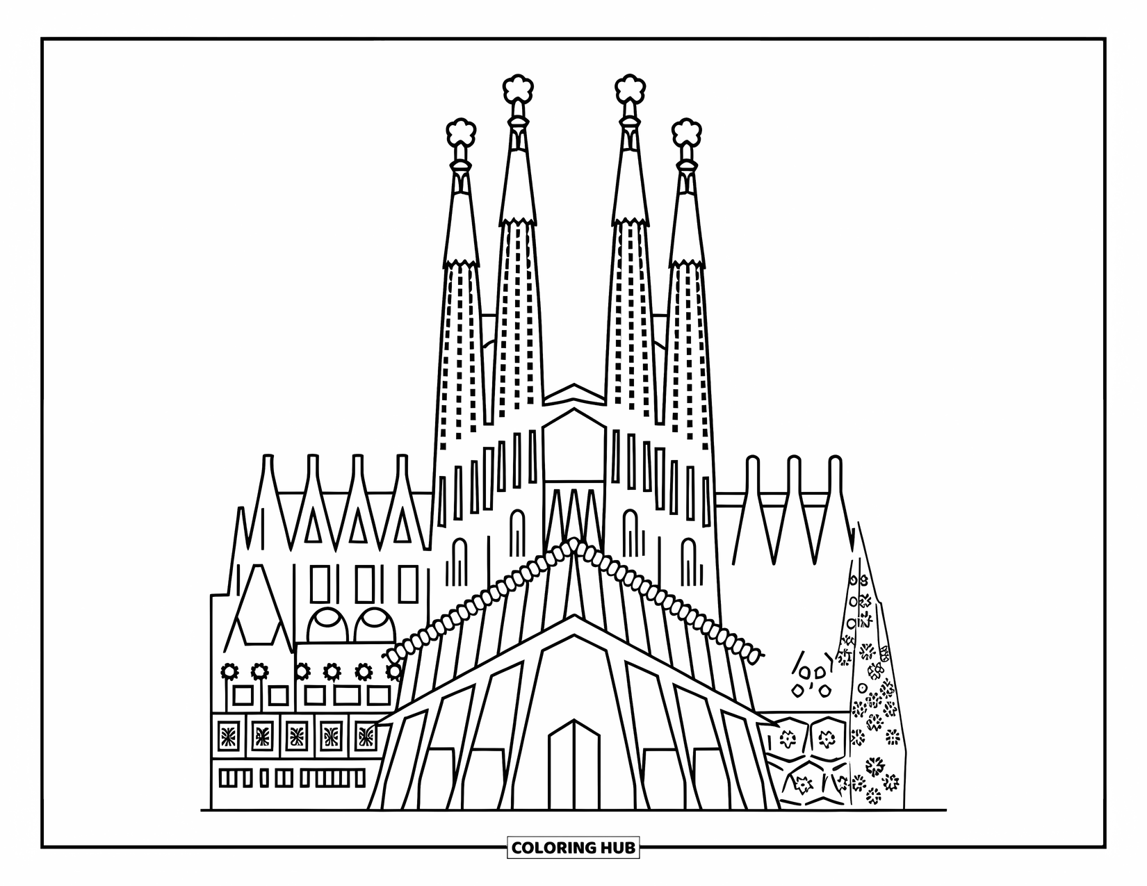 Barcelona Coloring Page for Kids: Visible towers and windows of Sagrada Família in fun, bold lines