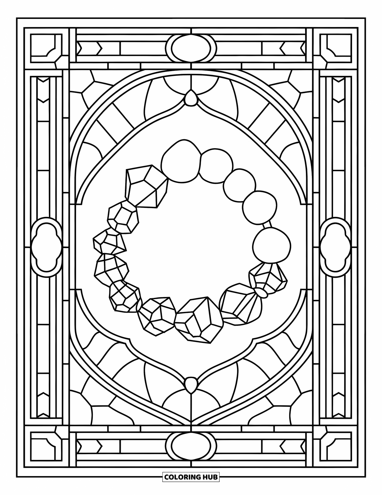 Bracelet Coloring Page for Adults: A beaded bracelet rests in a stained glass frame with detailed decorative borders