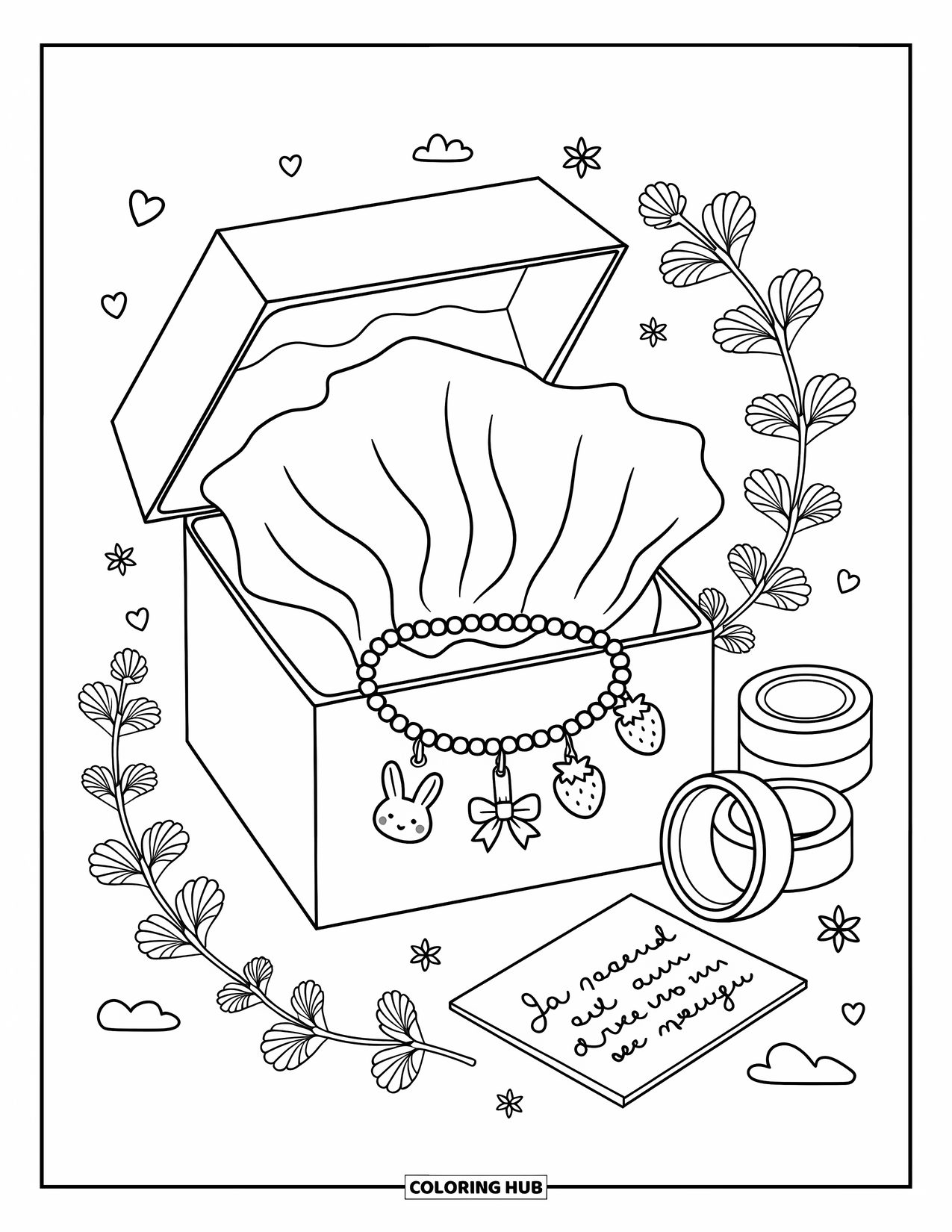 Bracelet Coloring Page for Adults: A bracelet with sweet charms lies in a gift box with ribbon and stickers