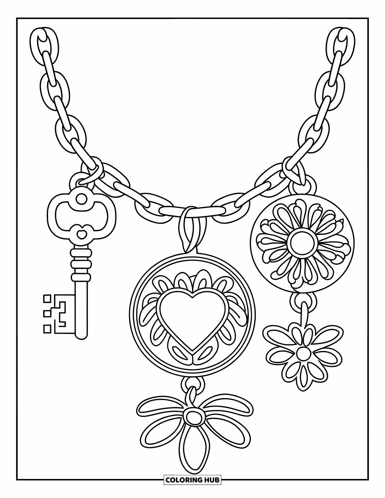 Bracelet Coloring Page for Adults: A charm bracelet with key, heart, and flower hangs inside a vine-filled circle