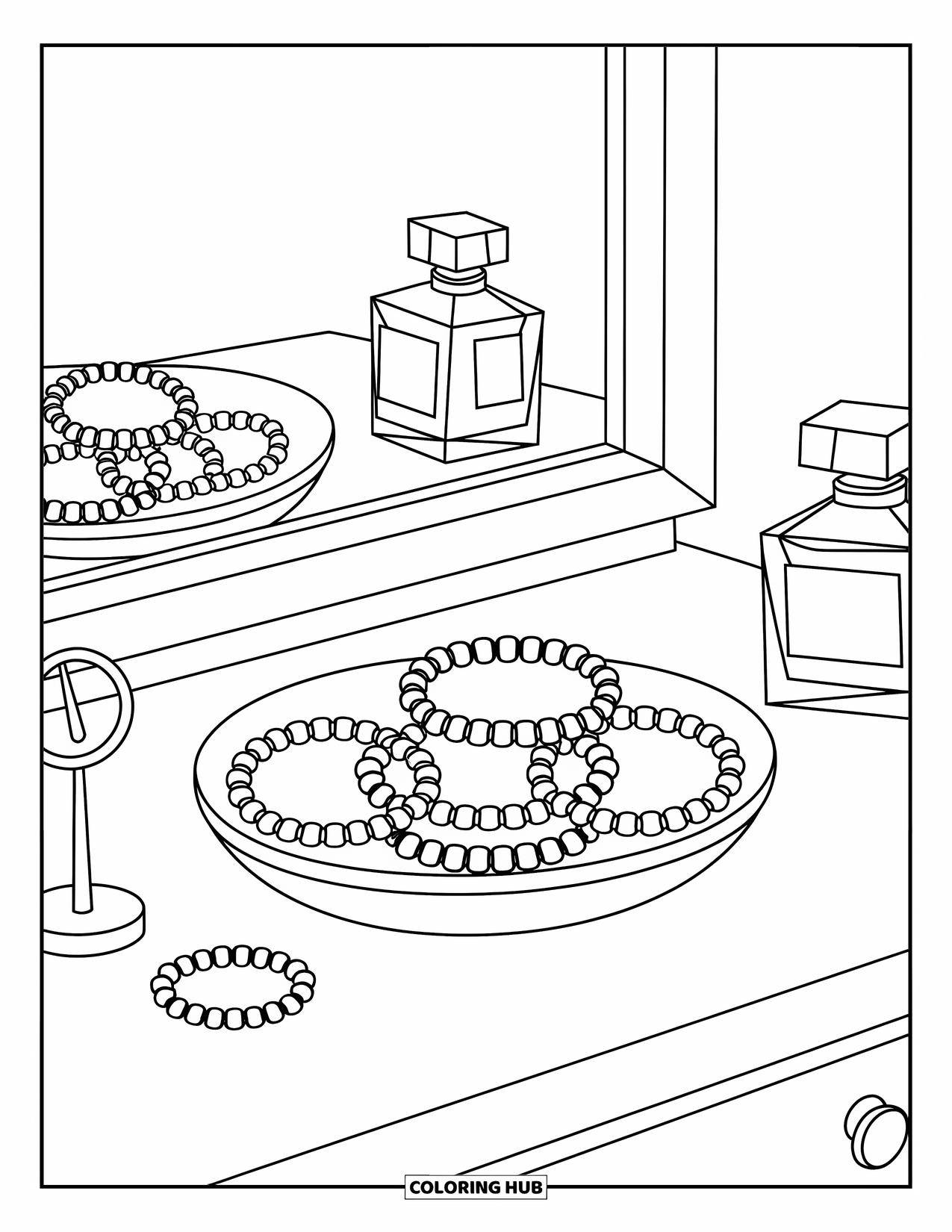 Bracelet Coloring Page for Adults: A dish of cute bracelets sits near perfume and a ring stand on a dresser
