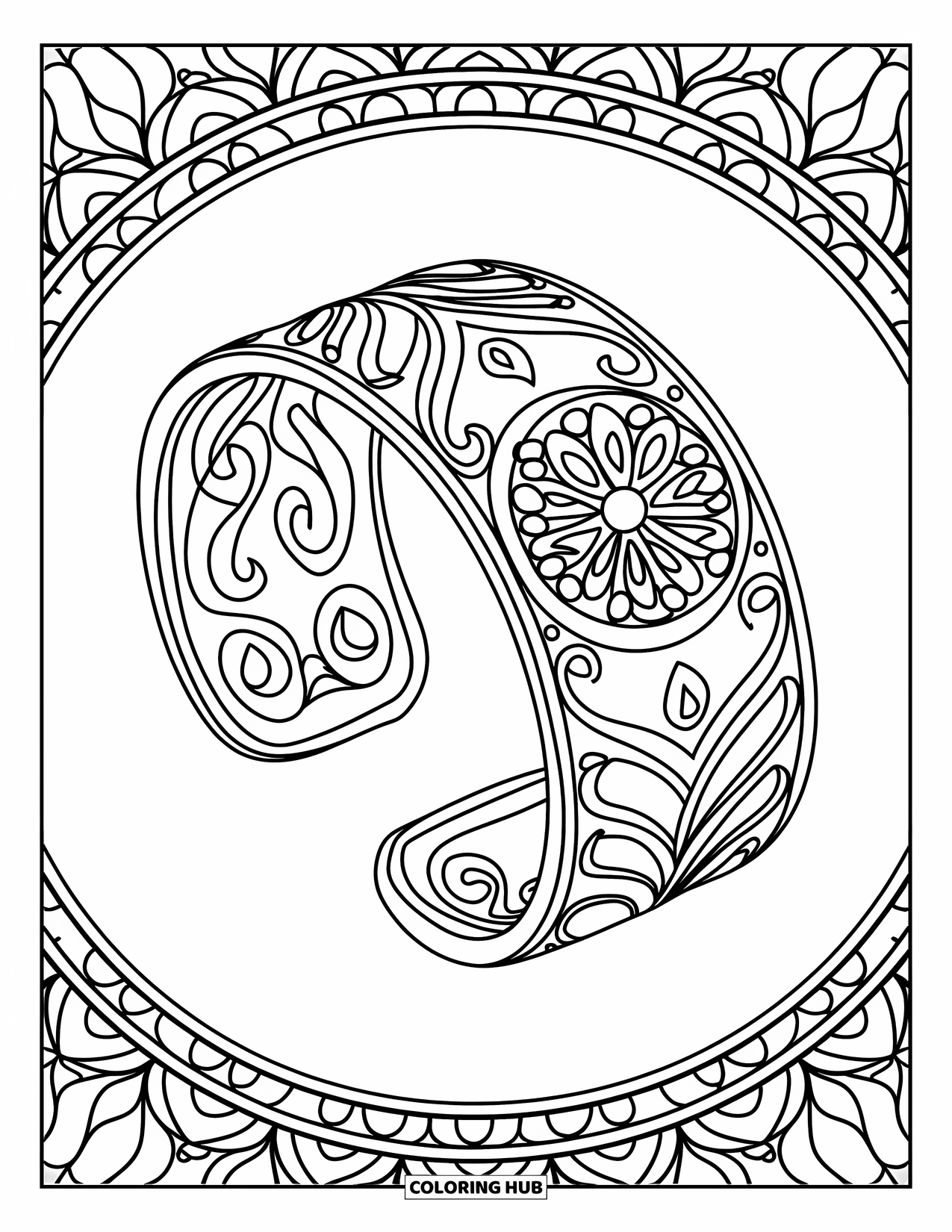 Bracelet Coloring Page for Adults: A floral-mandala cuff bracelet design appears in close-up inside a circular frame