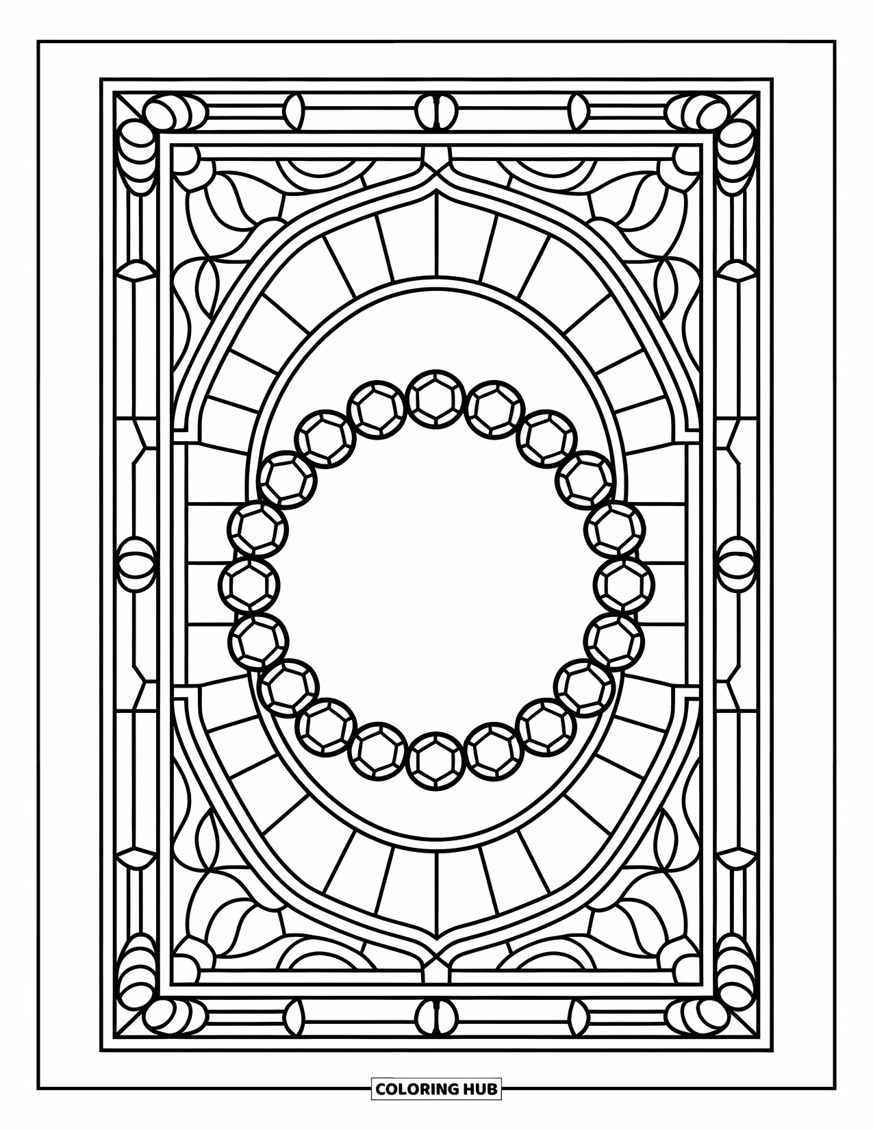 Bracelet Coloring Page for Adults: A gemstone bracelet sits in a stained glass frame with intricate patterns