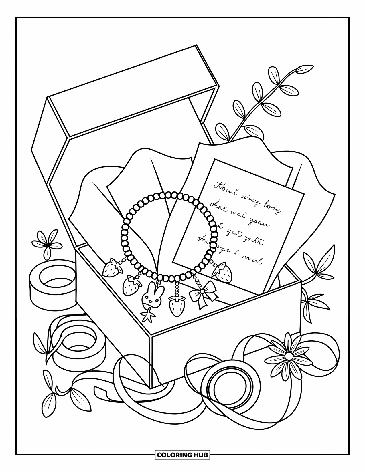 Bracelet Coloring Page for Adults: A gift box reveals a bracelet with bunny, bow, and strawberry charms inside tissue
