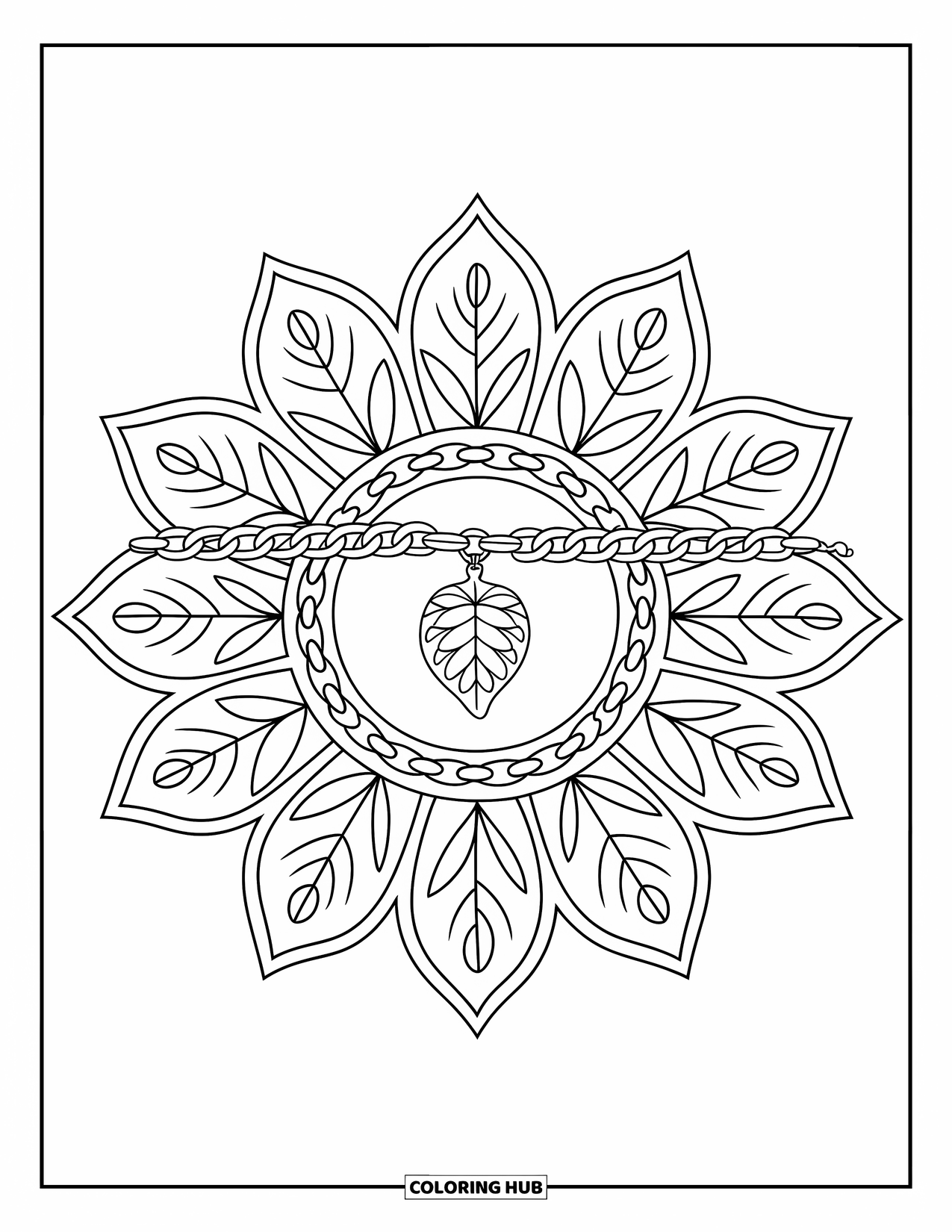 Bracelet Coloring Page for Adults: A leaf charm bracelet sits in the center of a botanical mandala
