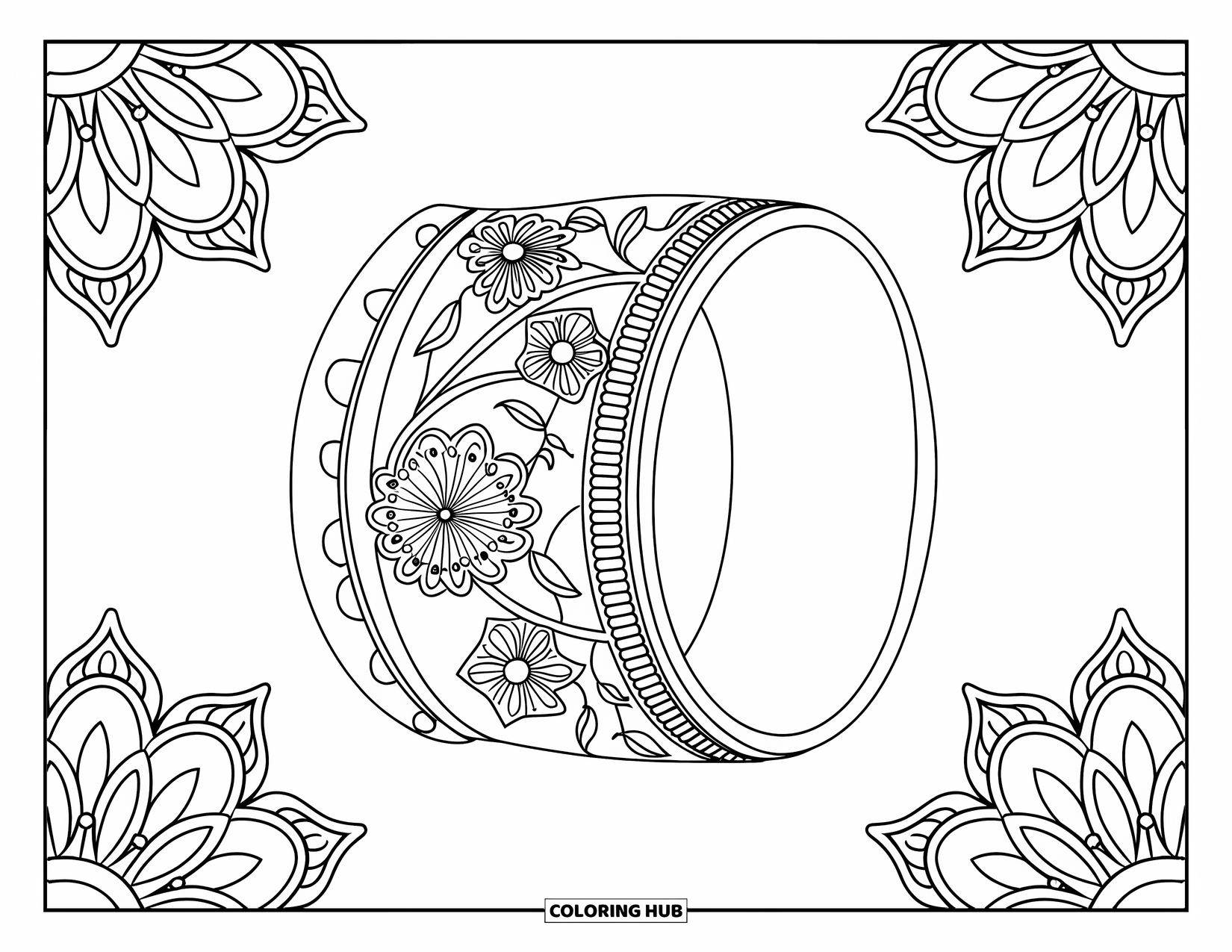 Bracelet Coloring Page for Adults: A wide bangle with floral lace rests on a wrist with mandala borders