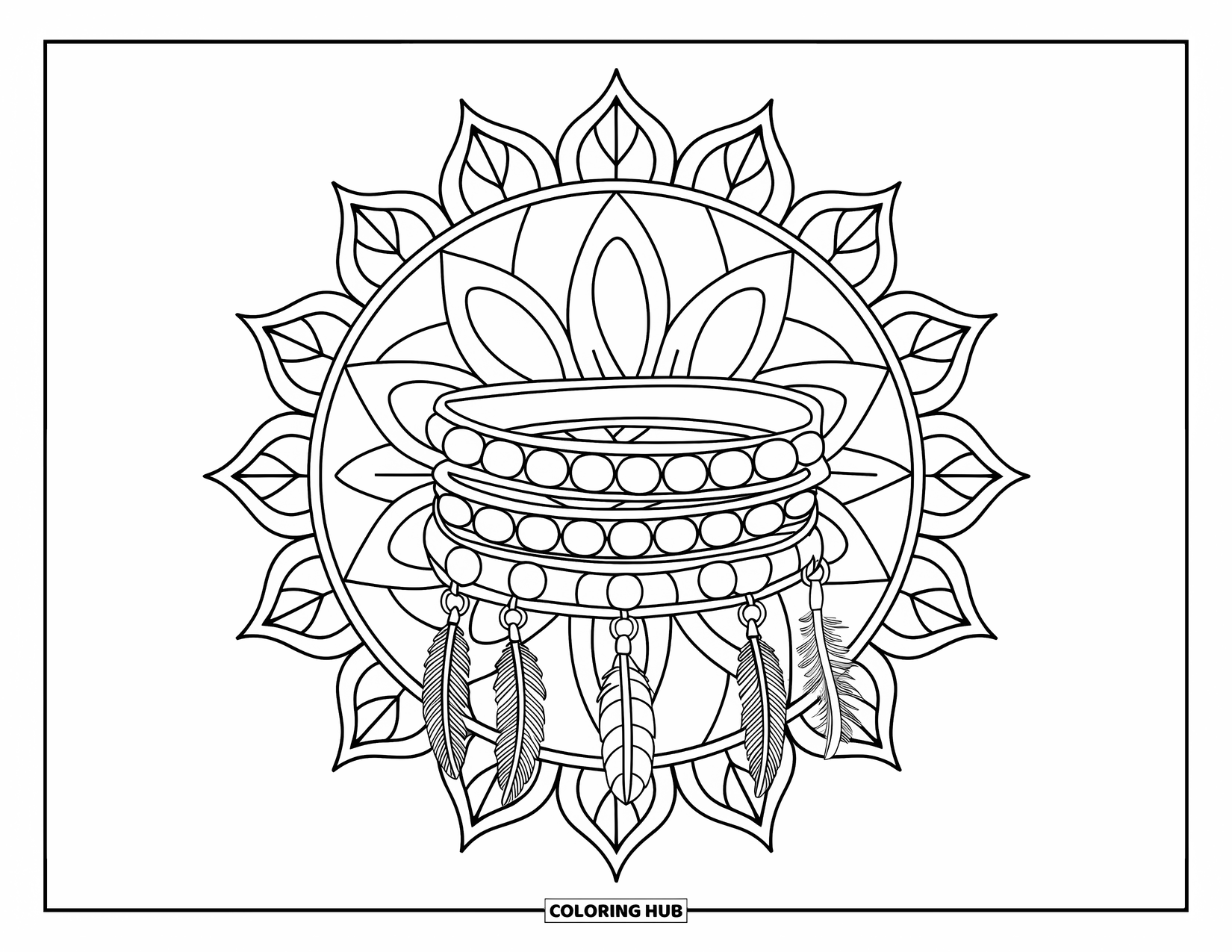 Bracelet Coloring Page for Adults: A wrap bracelet with charms sits on a dowel, framed by leafy patterns