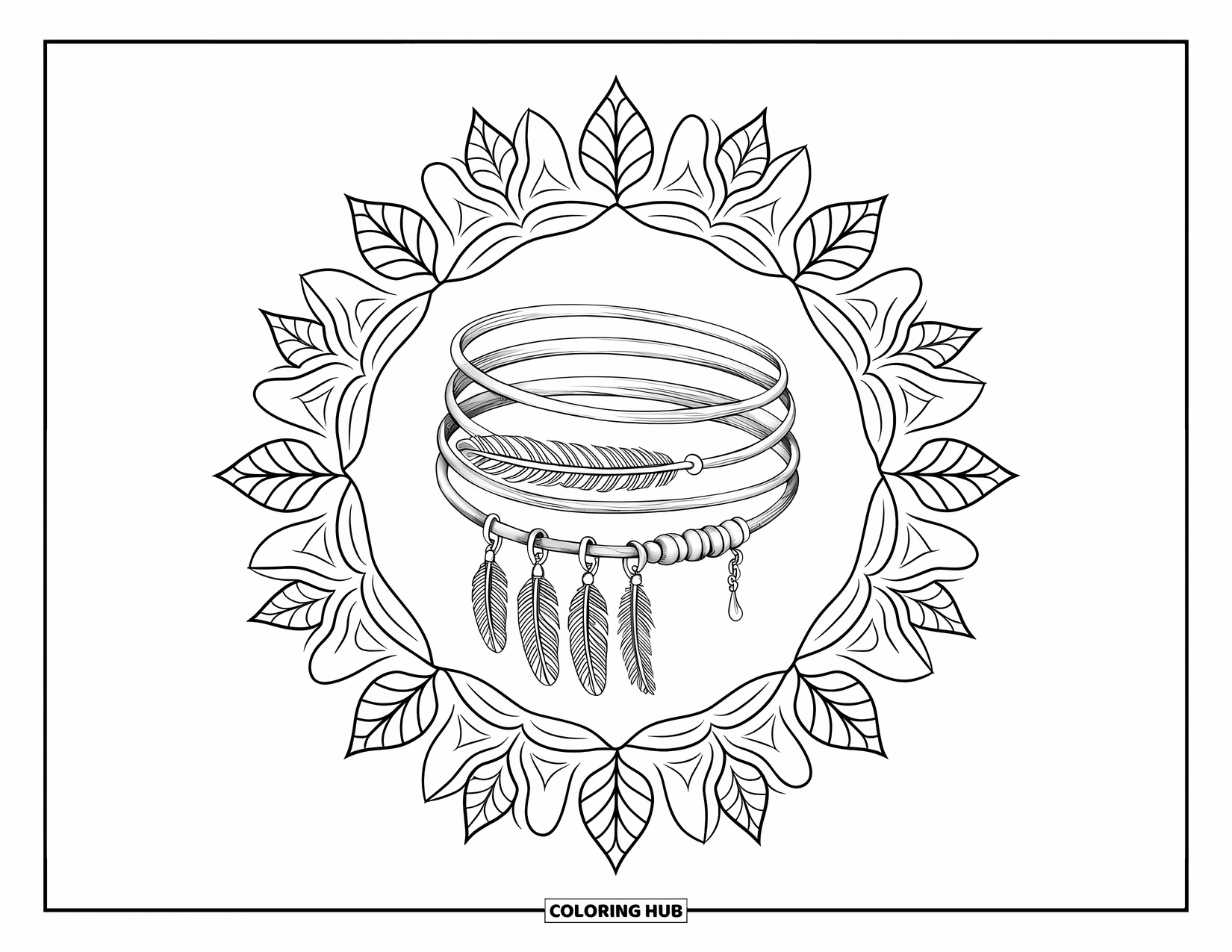 Bracelet Coloring Page for Adults: A wrap bracelet with feathers and vines rests inside a leafy mandala border