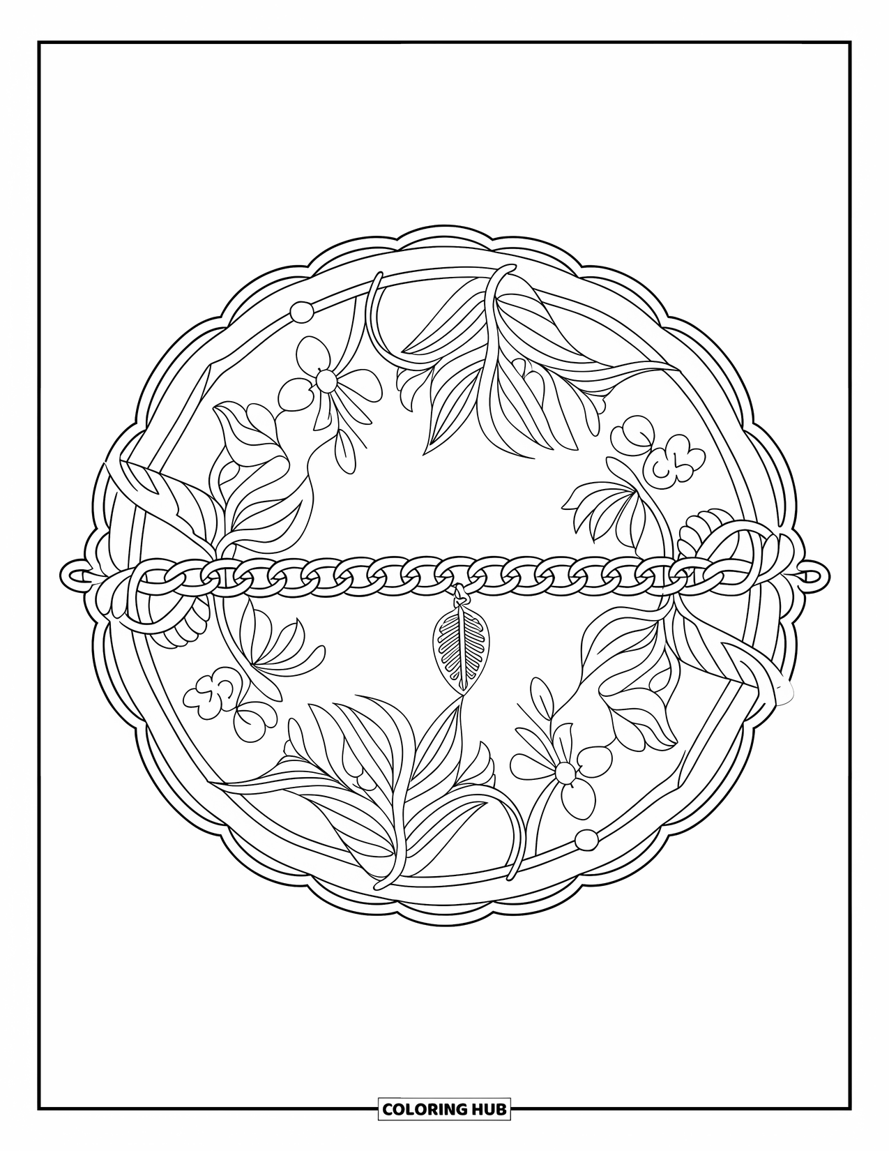 Bracelet Coloring Page for Adults: An elegant bracelet with a leaf charm glows inside a floral mandala