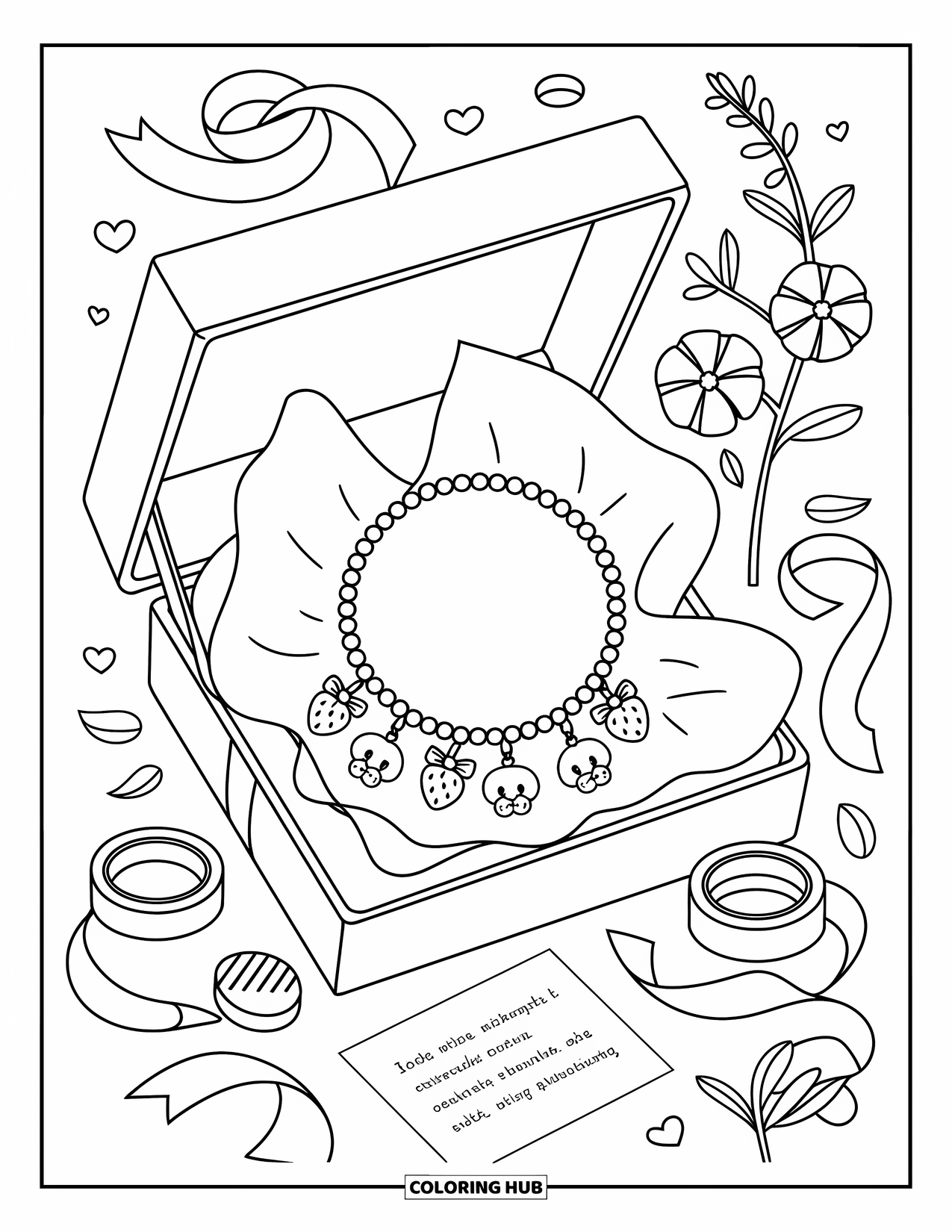 Bracelet Coloring Page for Adults: Charms and tissue surround a gift box bracelet with washi tape and ribbon nearby