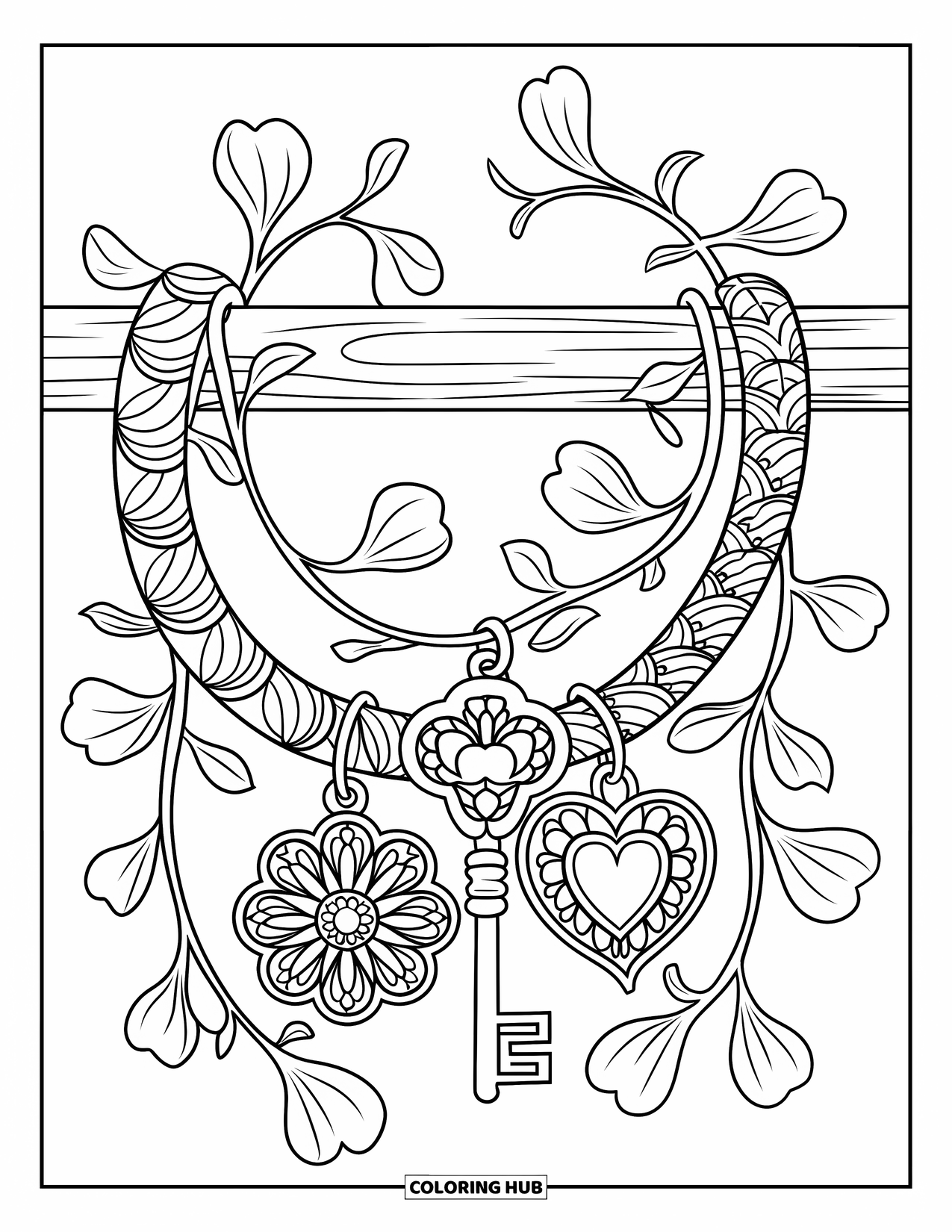 Bracelet Coloring Page for Adults: Charms hang from a vine-wrapped bracelet resting on a wooden stick