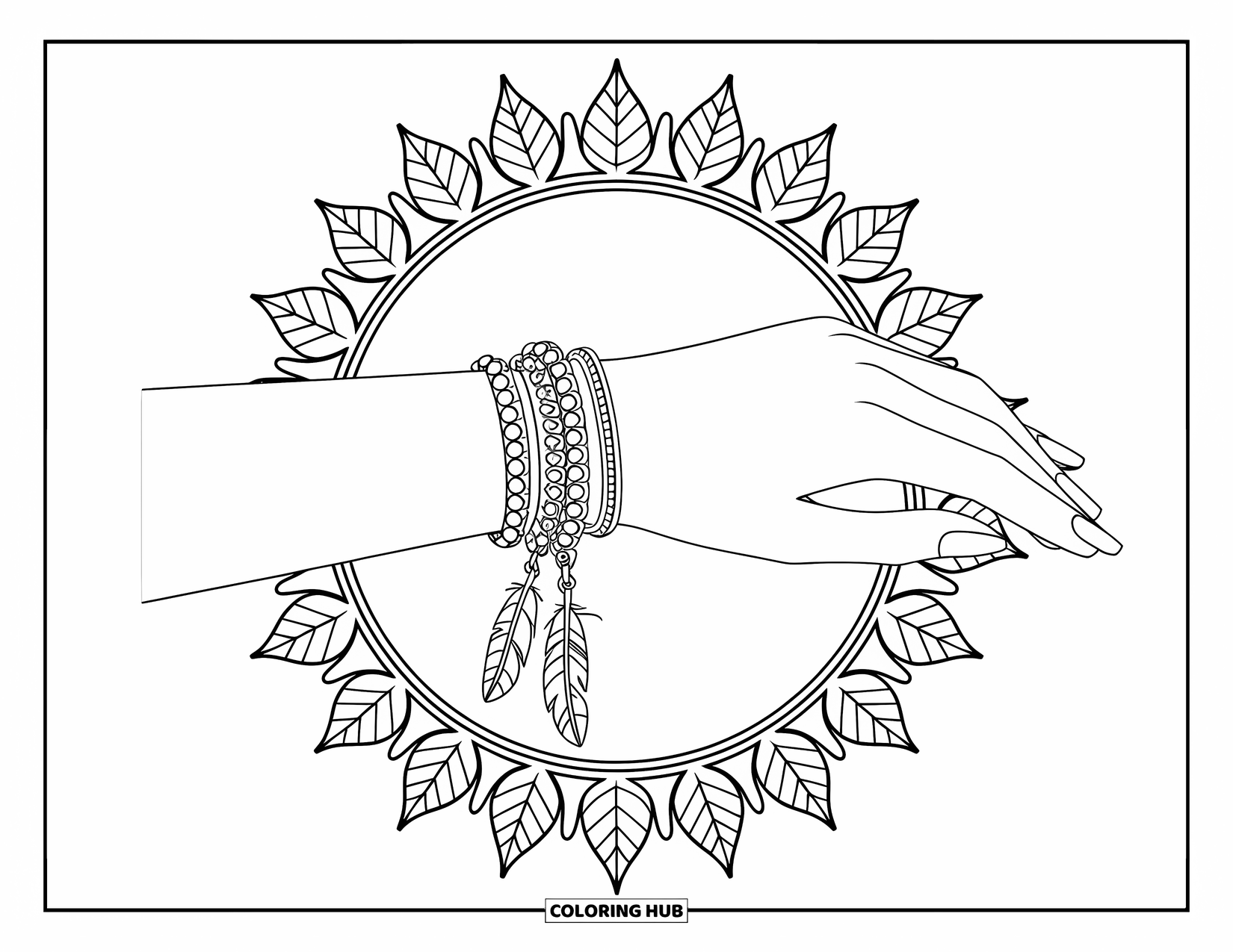 Bracelet Coloring Page for Adults: Feather and vine bracelets wrap a hand, surrounded by a leafy mandala design