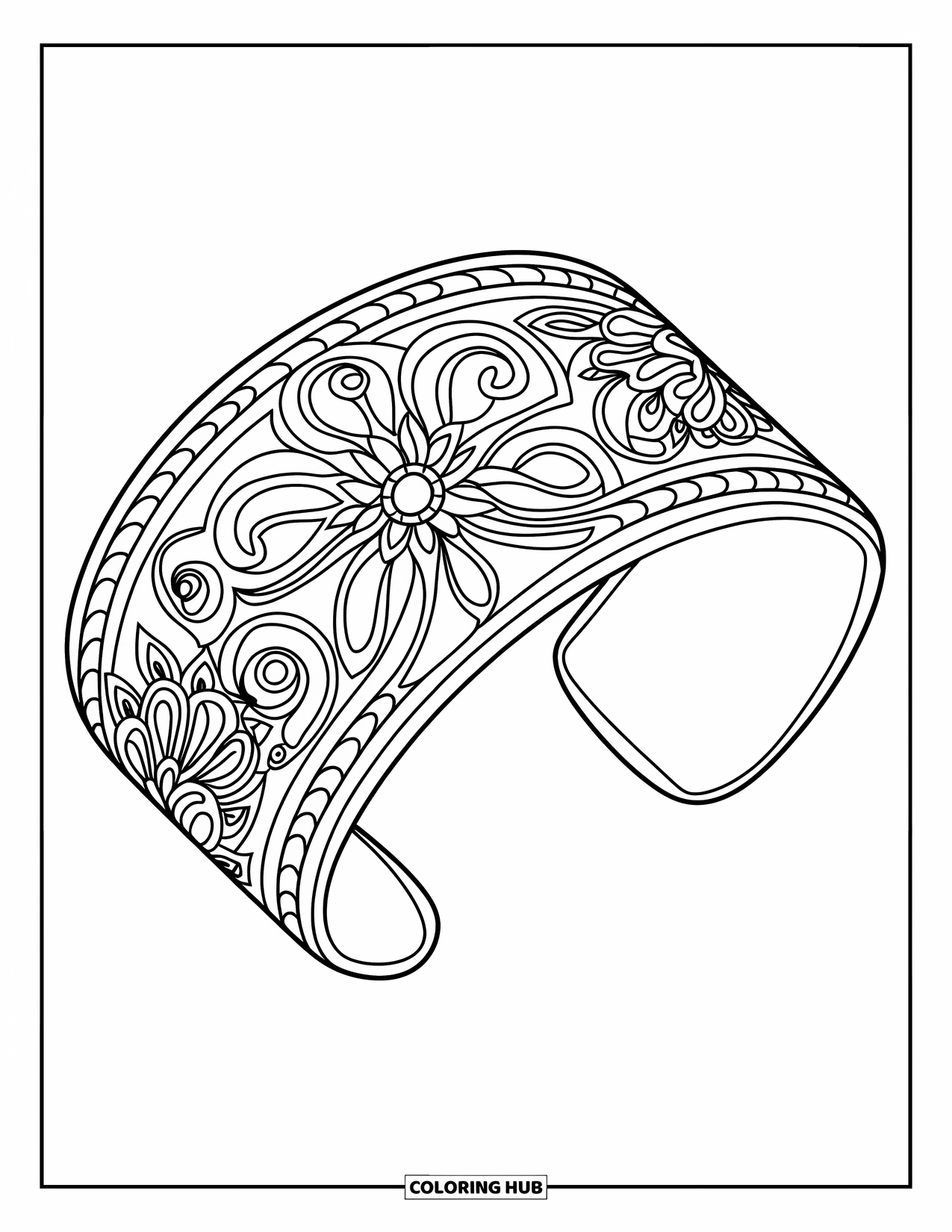 Bracelet Coloring Page for Adults: Swirling designs and florals decorate a detailed cuff bracelet on a clean background