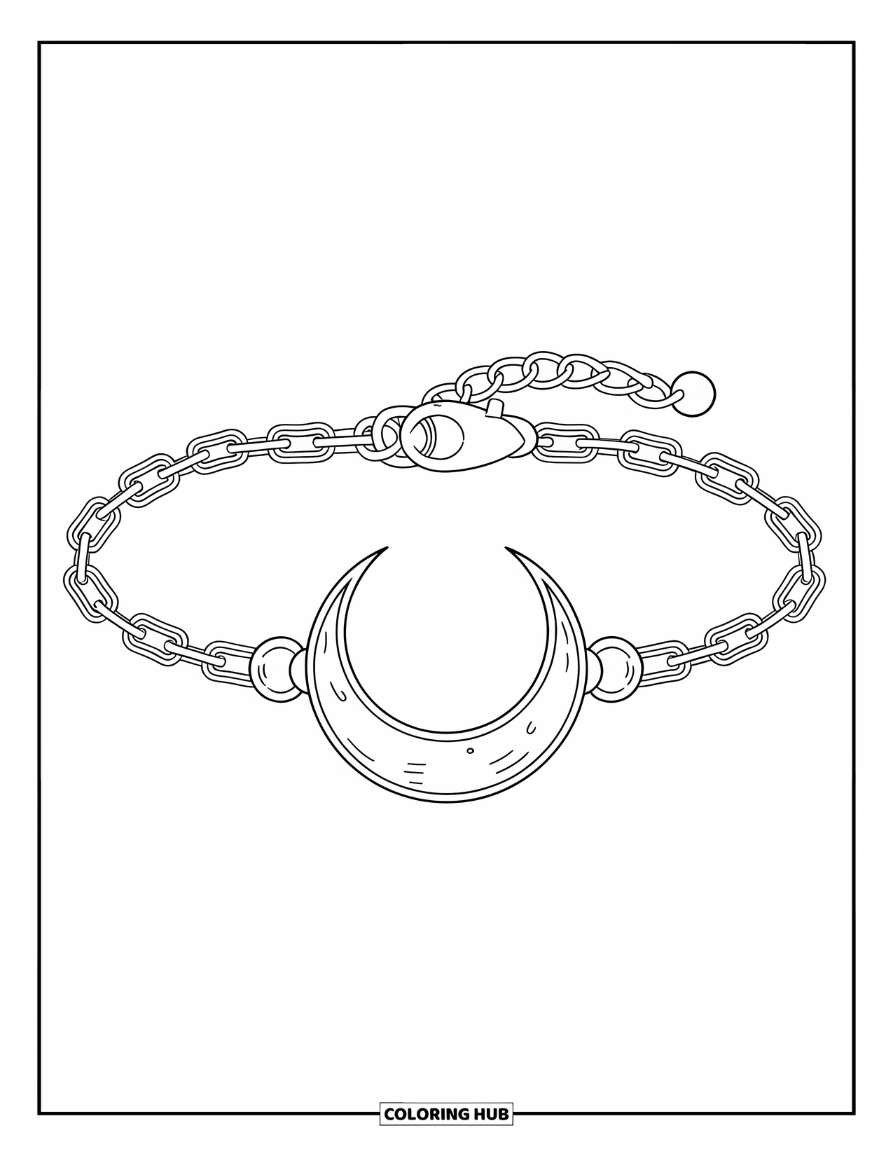 Bracelet Coloring Page for Kids: A big crescent moon charm hangs from a thin, stylish bracelet