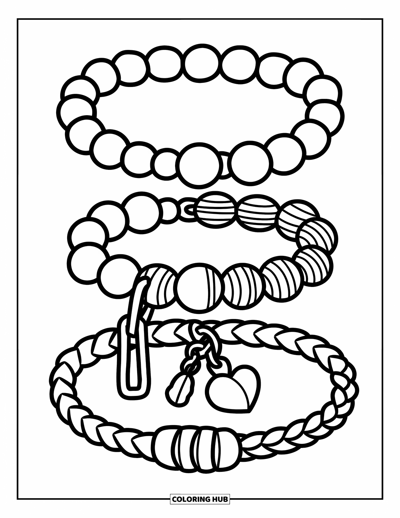 Bracelet Coloring Page for Kids: A bracelet trio - beads, charms, and braids - show off kawaii style