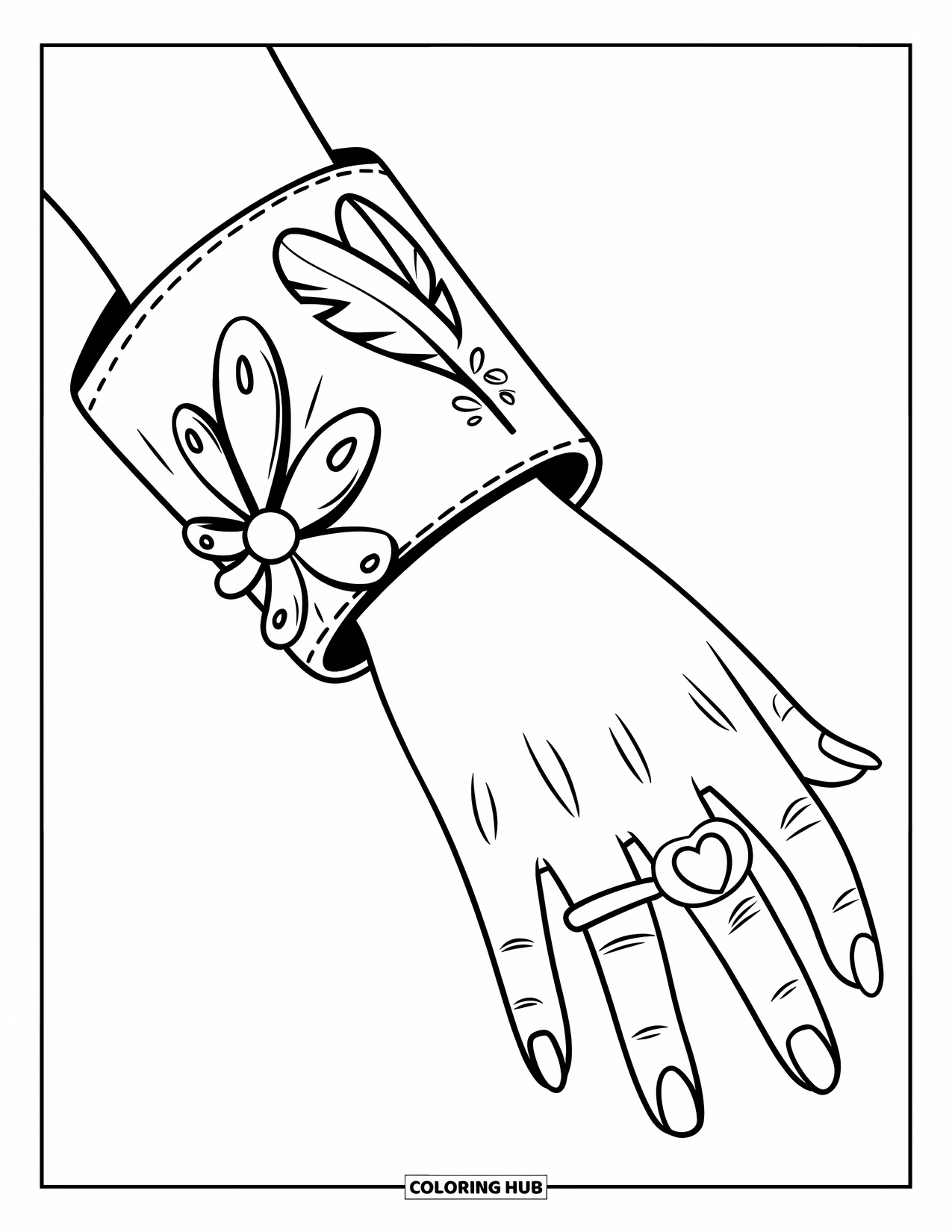 Bracelet Coloring Page for Kids: A cartoon hand wears a flower-embossed cuff bracelet and a heart-shaped pinky ring