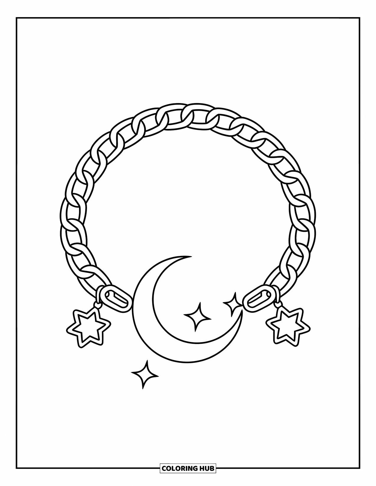 Bracelet Coloring Page for Kids: A crescent moon and star charms sparkle on a delicate chain bracelet