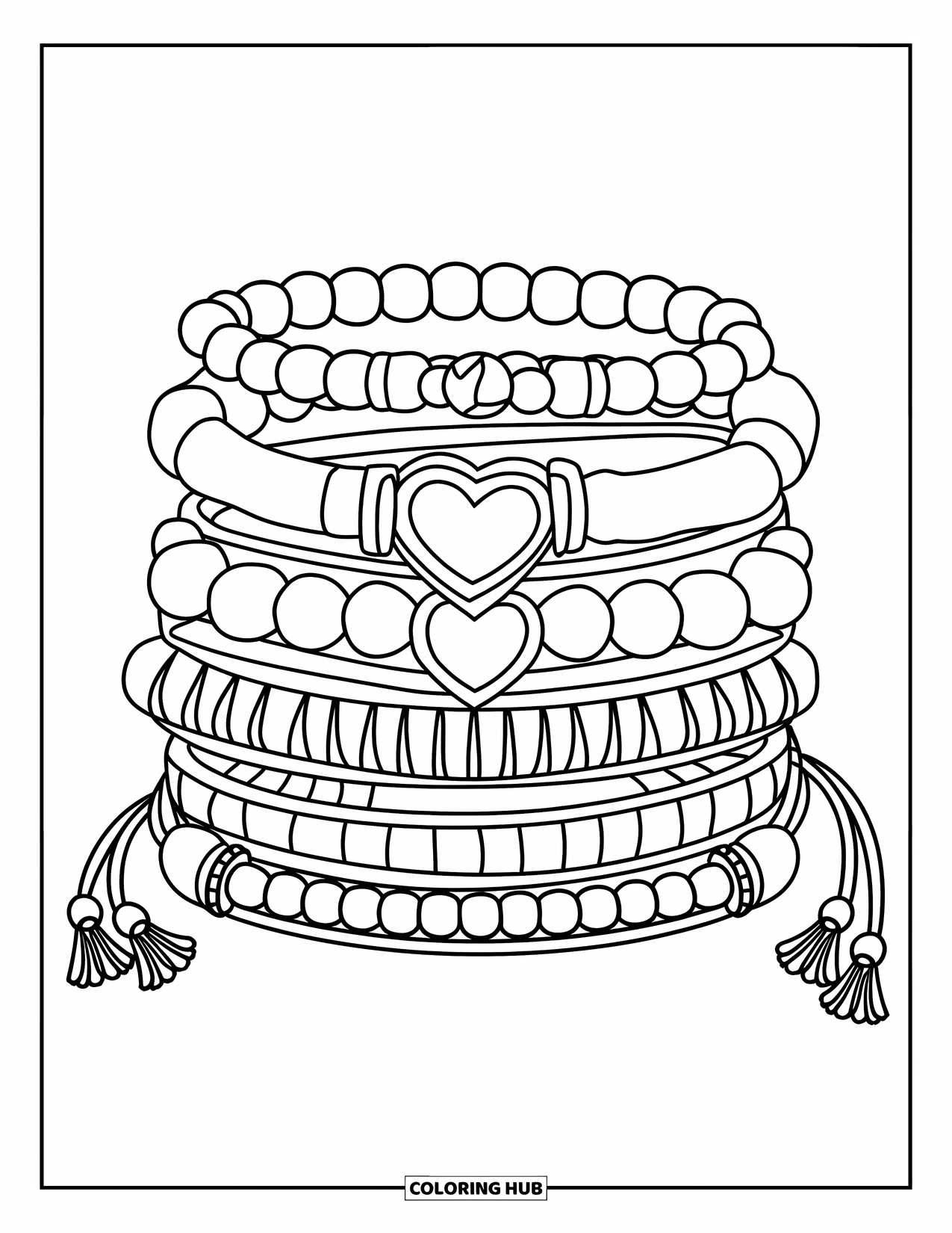 Bracelet Coloring Page for Kids: A cute bracelet stack mixes leather, metal, beads, and pendants
