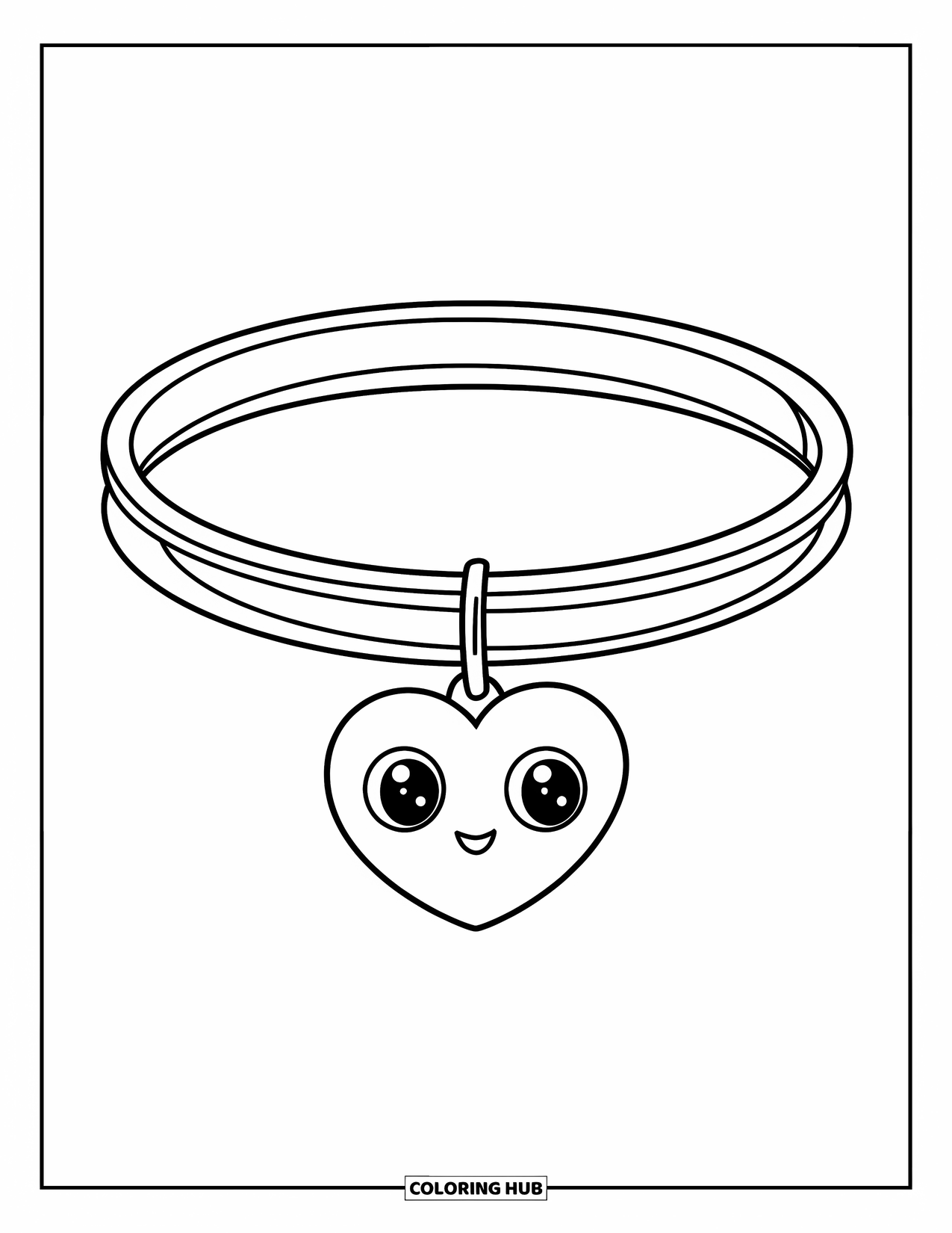 Bracelet Coloring Page for Kids: A cute heart-faced charm hangs from a bangle bracelet