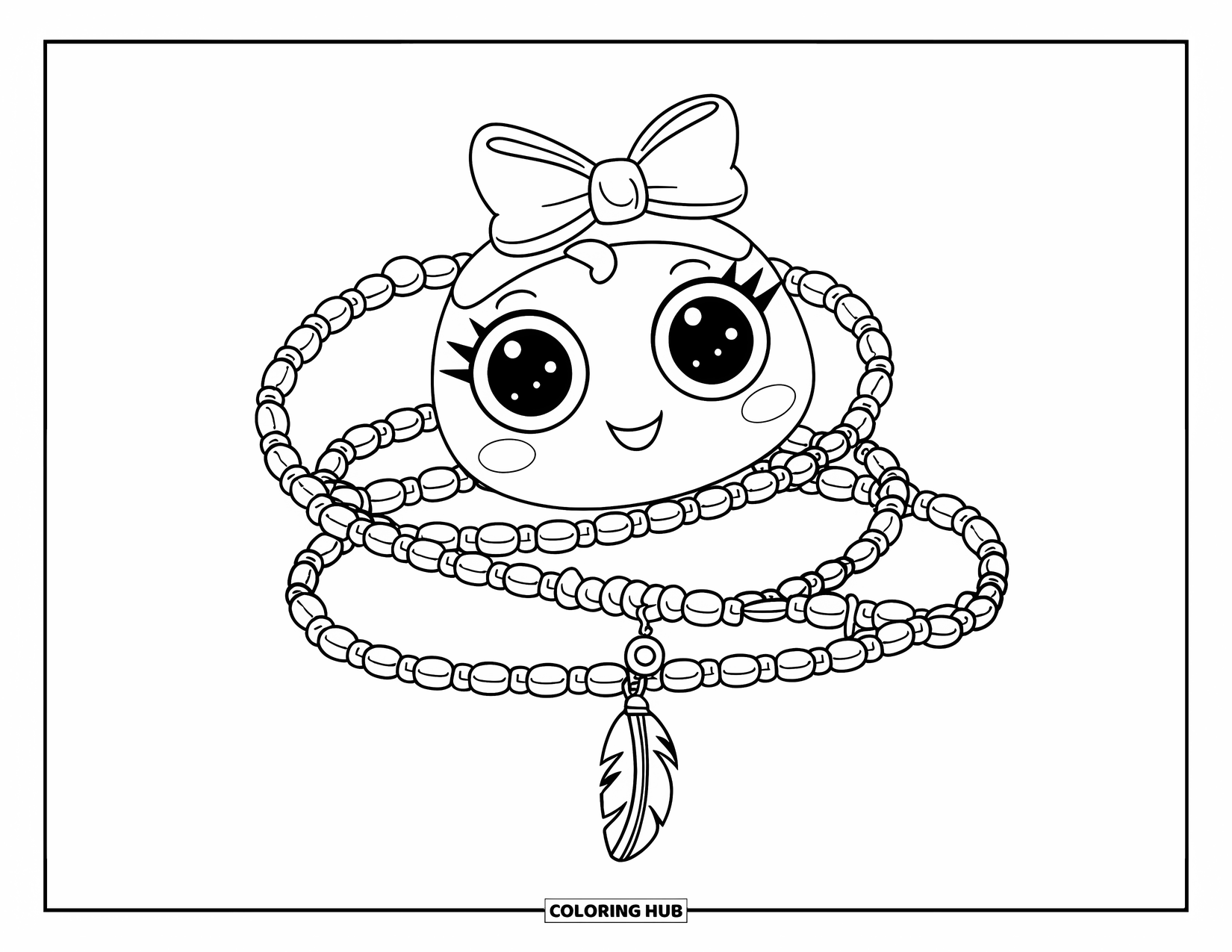 Bracelet Coloring Page for Kids: A feather charm dangles from a tiny-bead wrap bracelet on a smiling character