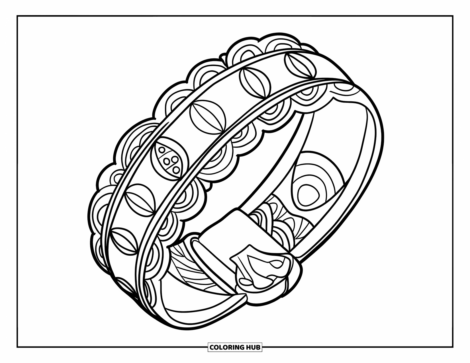 Bracelet Coloring Page for Kids: A patterned bracelet with interlocking circles and a round clasp on a stylish hand