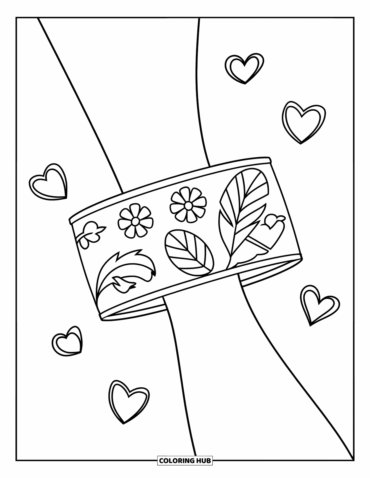 Bracelet Coloring Page for Kids: A skinny arm wears a cuff bracelet with flowers, feathers, hearts, and stars