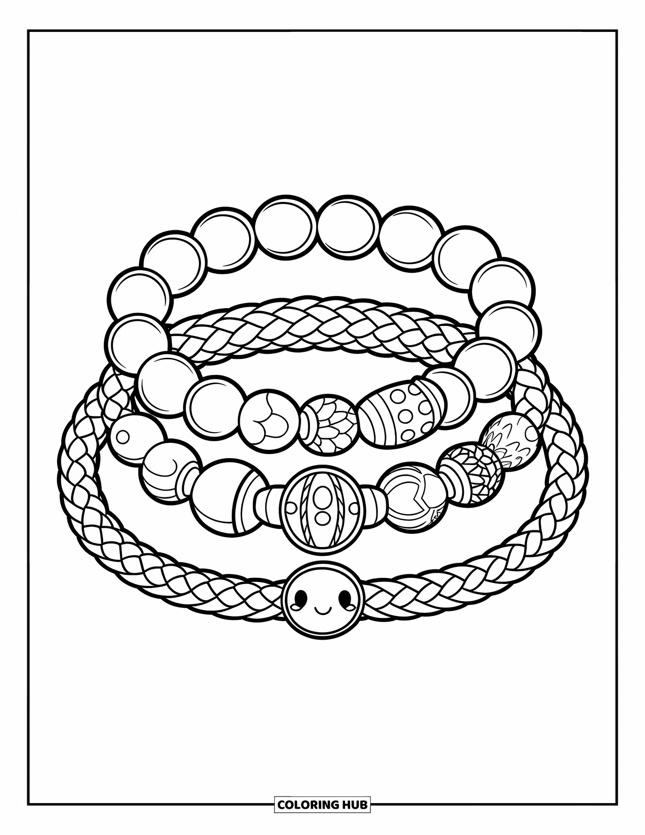 Bracelet Coloring Page for Kids: Beaded, charm, and braided bracelets each feature fun patterns and cute designs