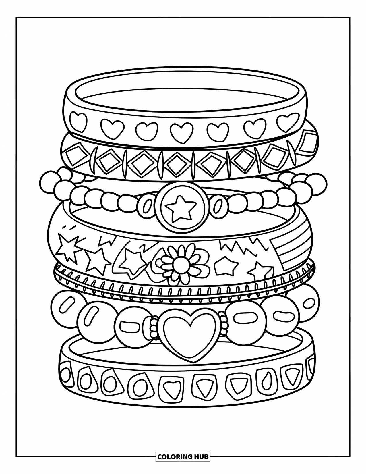 Bracelet Coloring Page for Kids: Stacked boho bracelets feature hearts, stars, flowers, and beads in fun textures