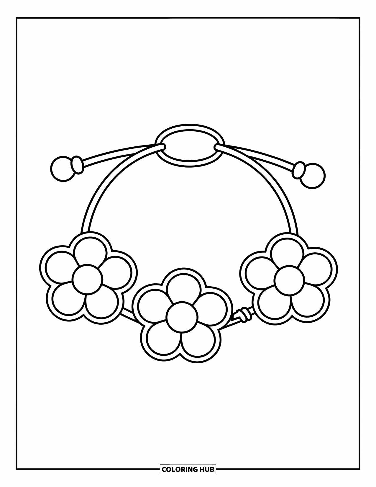 Bracelet Coloring Page for Kids: Three flower-shaped beads line a sweet bracelet with a simple clasp