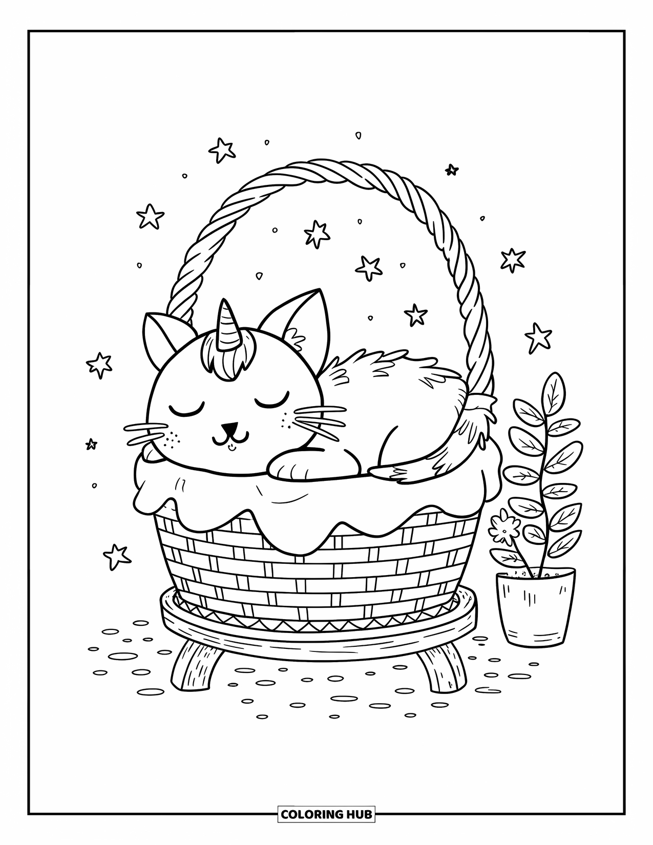 Caticorn Coloring Page for Adults: A calm caticorn naps in a pillow-lined basket beside a plant, surrounded by tiny stars