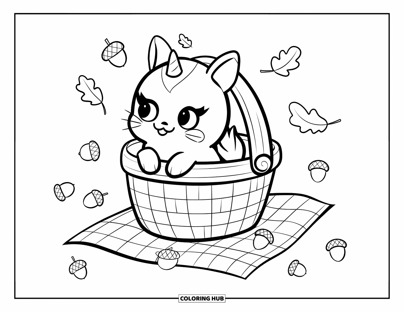 Caticorn Coloring Page for Adults: A happy caticorn with a playful face rests in a basket on a checkered cloth