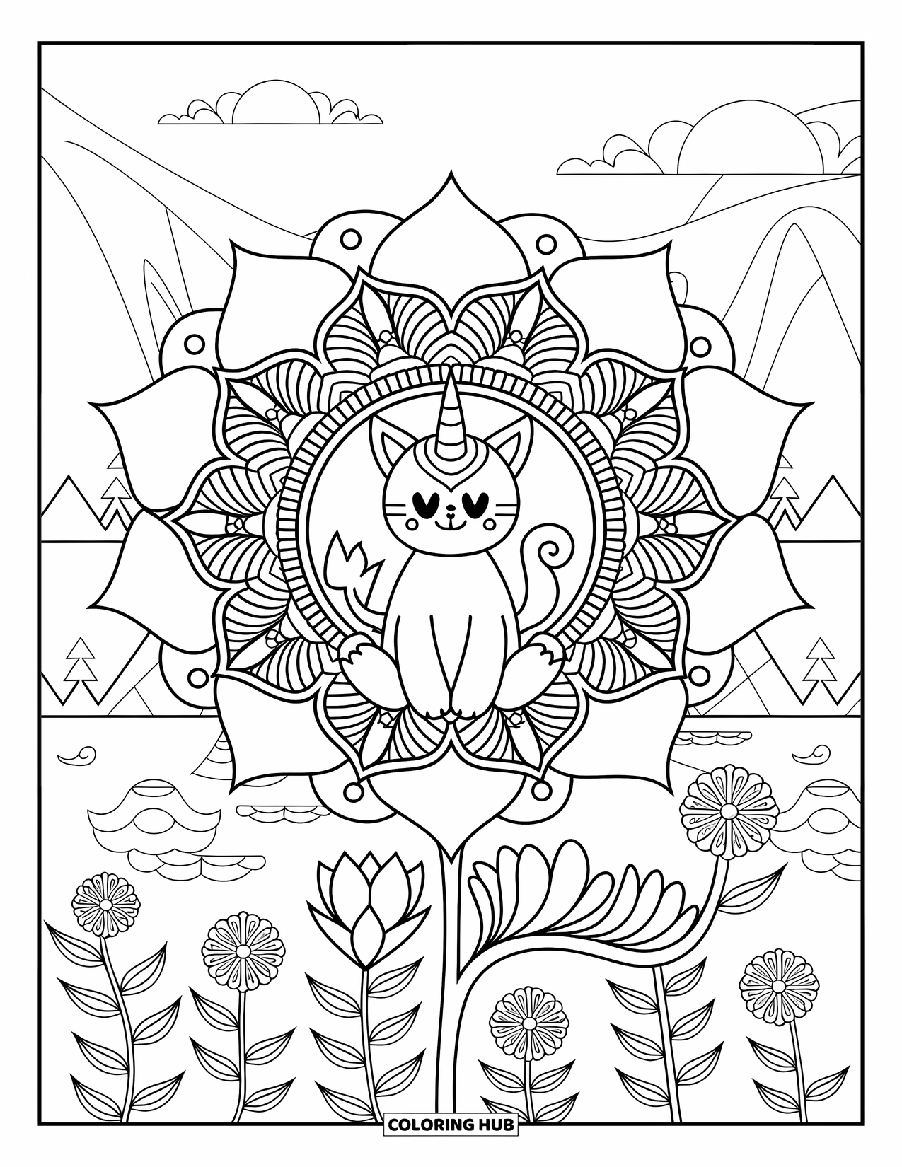 Caticorn Coloring Page for Adults: A peaceful caticorn rests on a lotus mandala with mountains and flowers nearby