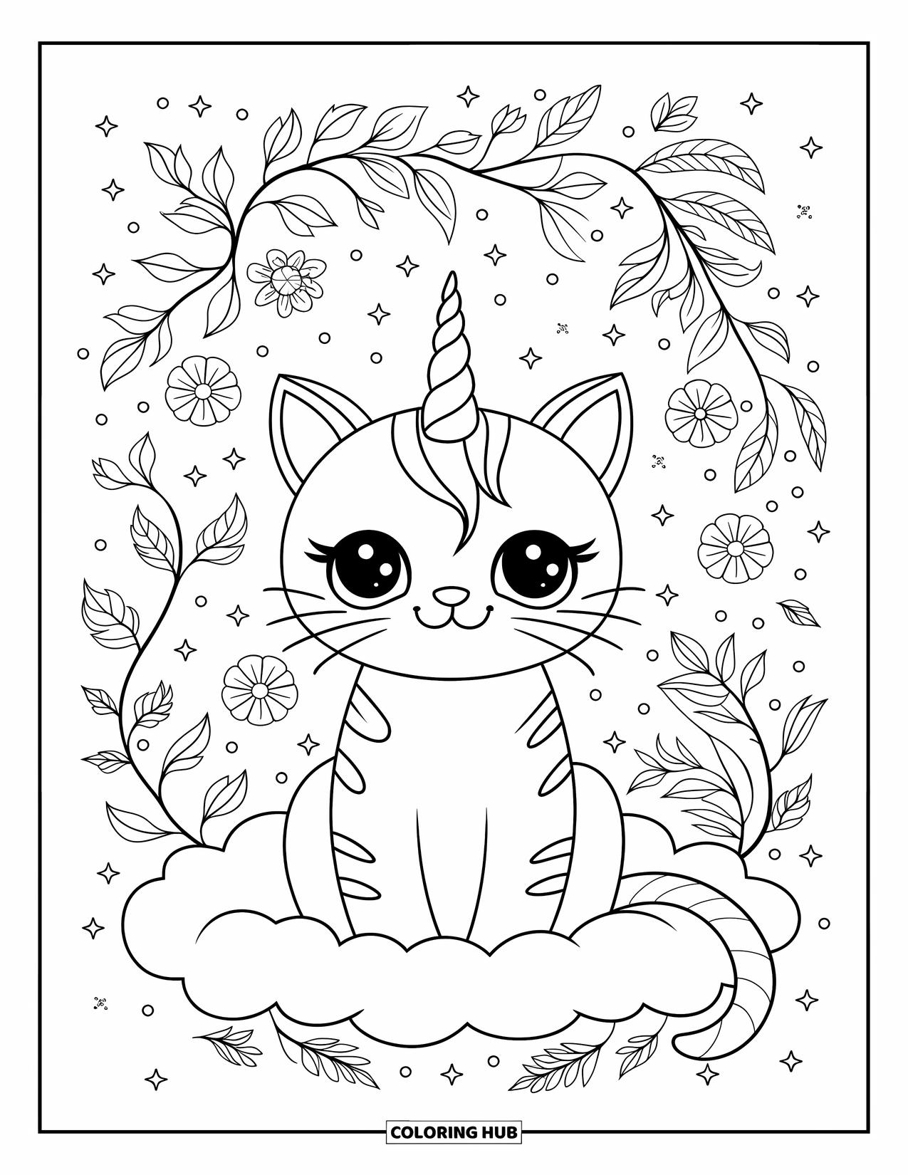 Caticorn Coloring Page for Adults: A serene caticorn sits on a cloud wrapped in floral vines and sparkles