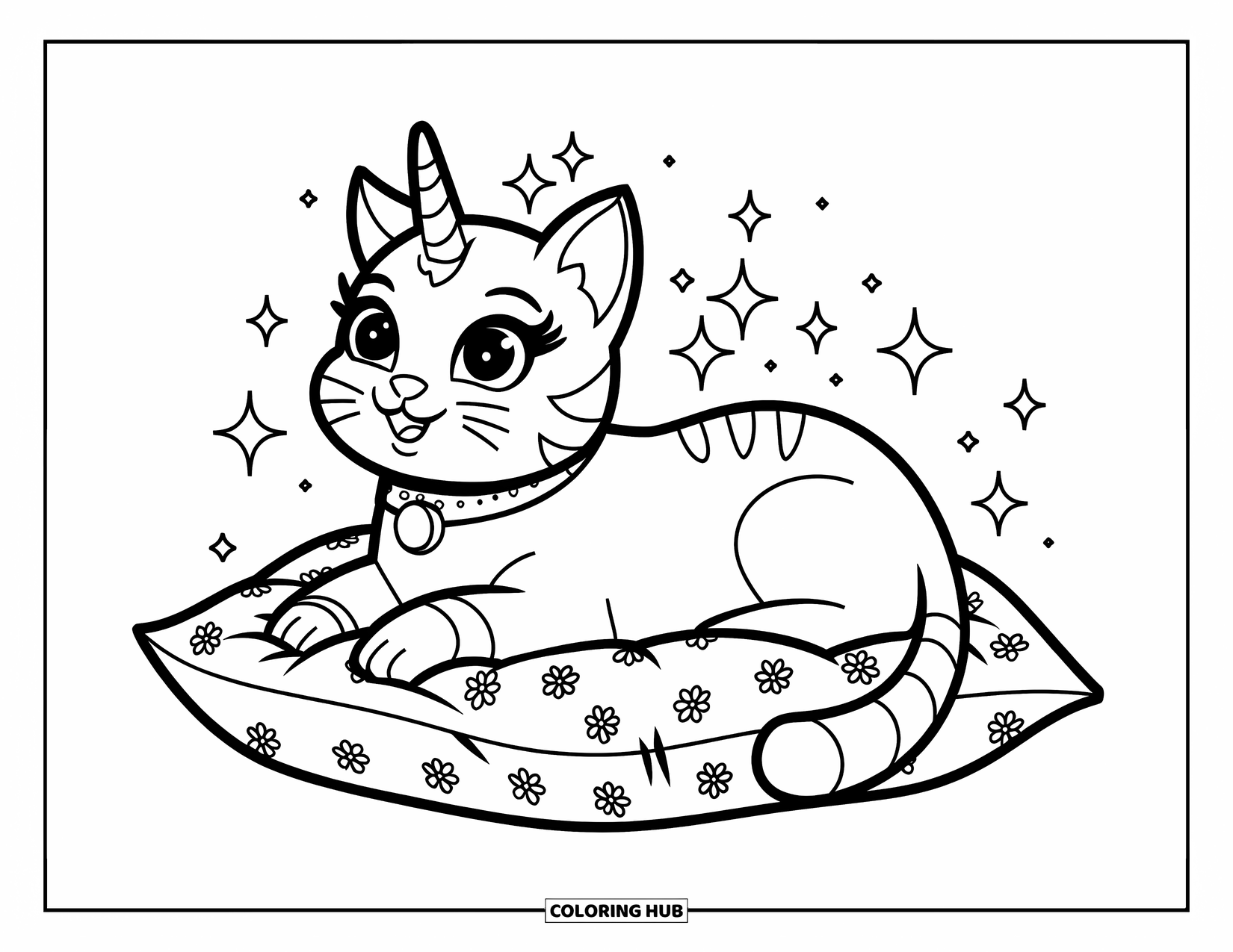 Caticorn Coloring Page for Kids: A caticorn with a collar naps on a floral pillow with sparkles all around