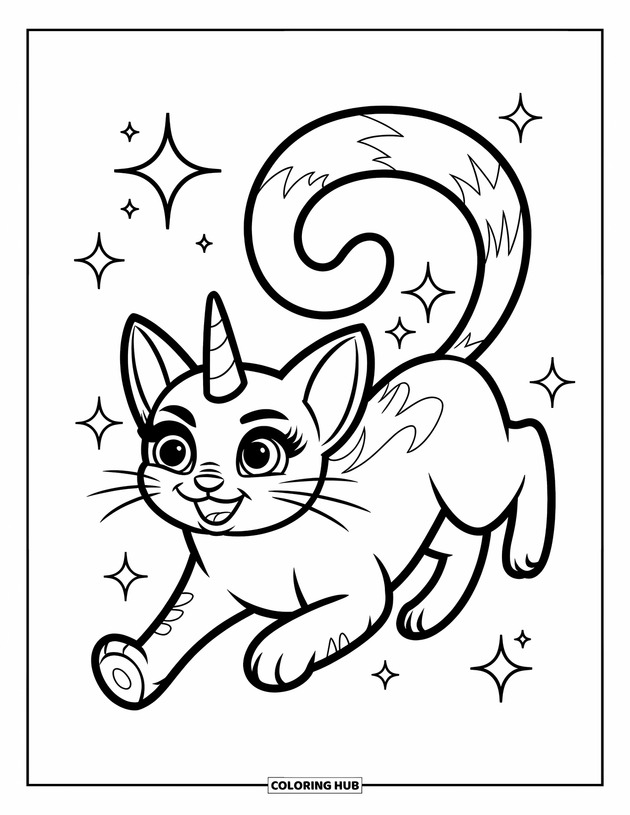 Caticorn Coloring Page for Kids: A cheerful caticorn with a swirl tail chases sparkles through the air
