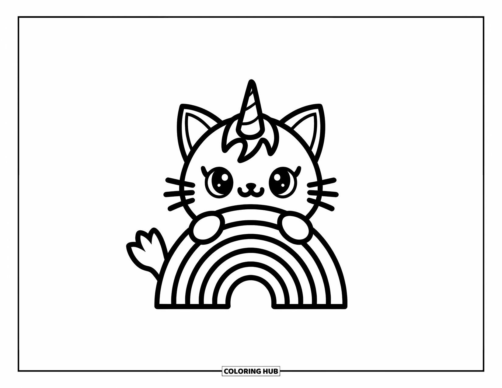 Caticorn Coloring Page for Kids: A fluffy-tailed caticorn peeks from behind a rainbow arched above its head