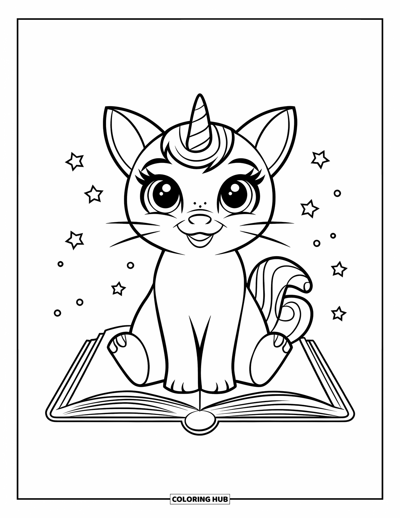 Caticorn Coloring Page for Kids: A sweet caticorn sits on a magic book surrounded by twinkling stars