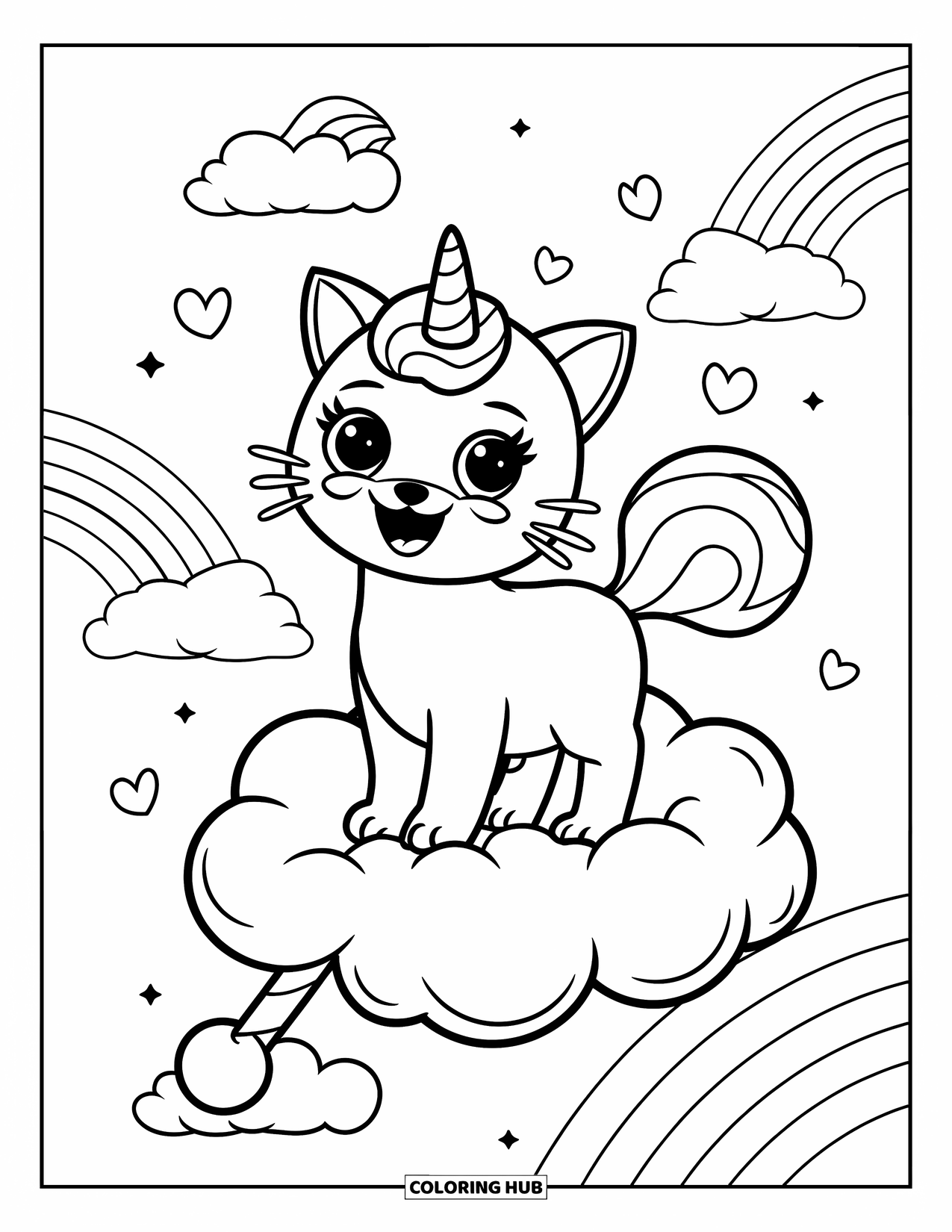 Caticorn Coloring Page for Kids: A sweet caticorn stands on a cotton candy cloud with rainbows and hearts in the sky