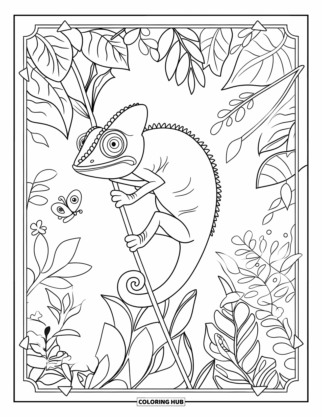 Chameleon Coloring Page for Adults: A chameleon climbs a vine with large leaves, flowers, and a butterfly