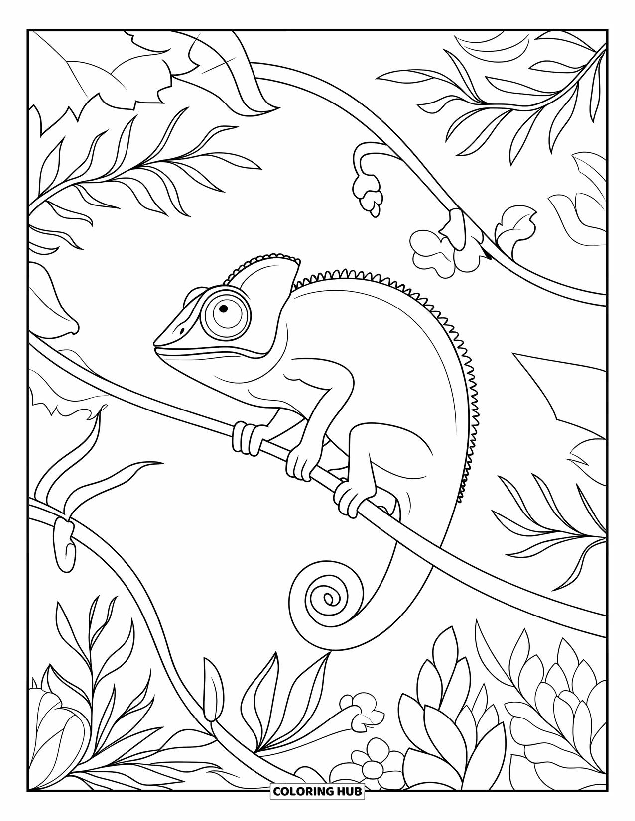 Chameleon Coloring Page for Adults: A chameleon clings to a vine winding through jungle leaves and flowers