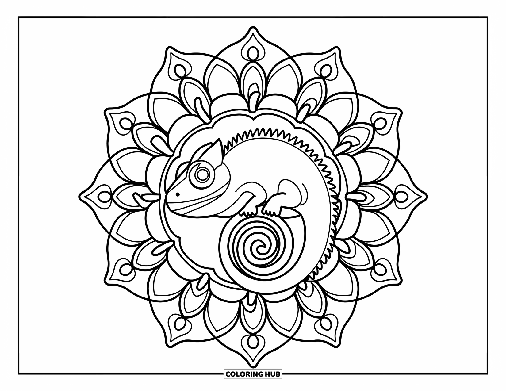 Chameleon Coloring Page for Adults: A chameleon curls in the center of a floral mandala