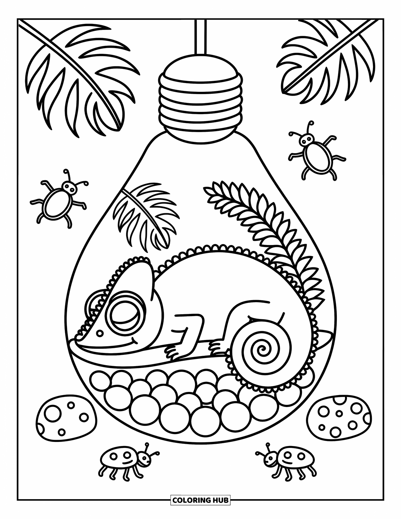 Chameleon Coloring Page for Adults: A chameleon dozes inside a cozy lightbulb terrarium full of jungle plants and bugs