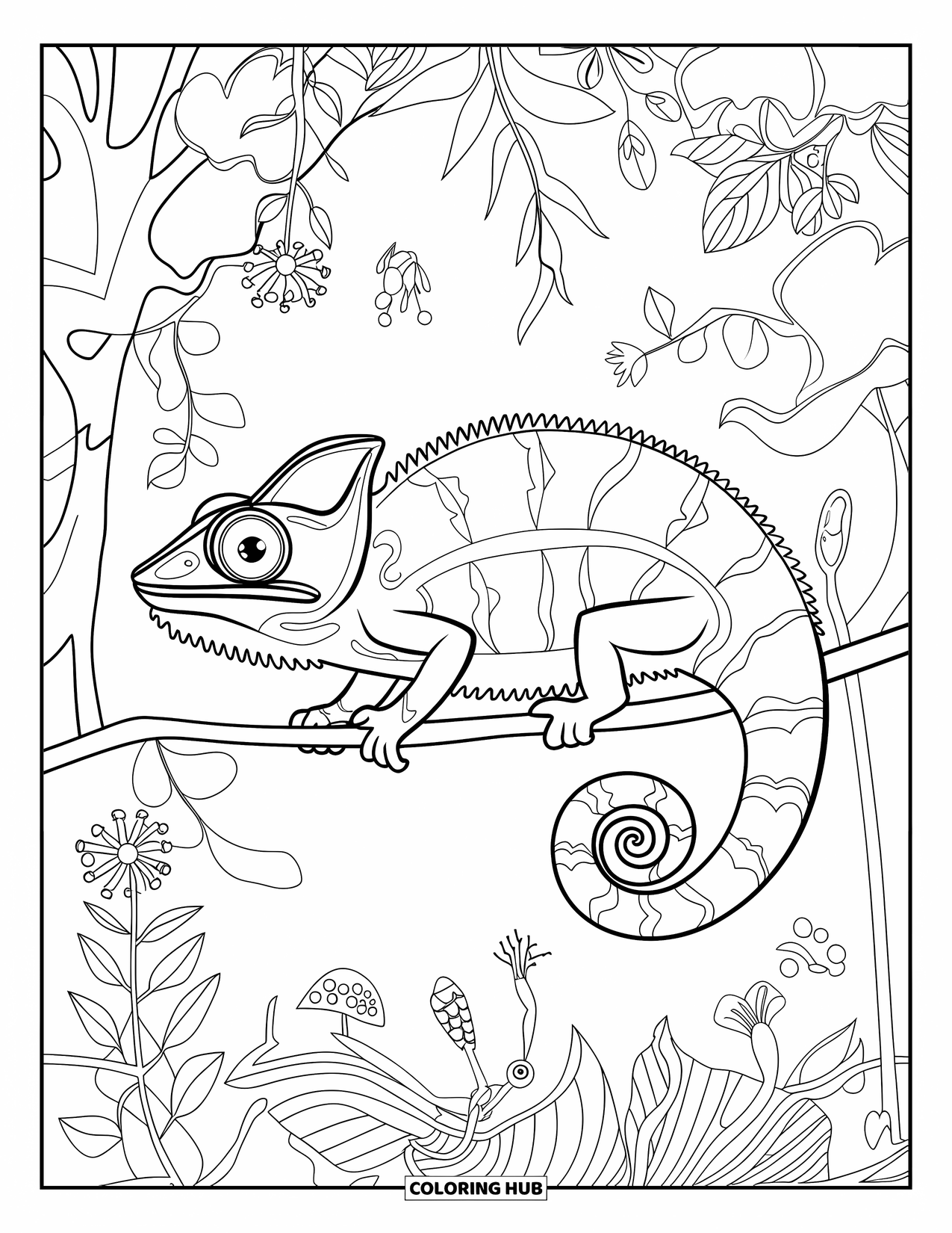 Chameleon Coloring Page for Adults: A chameleon perches on a branch within a dense jungle scene