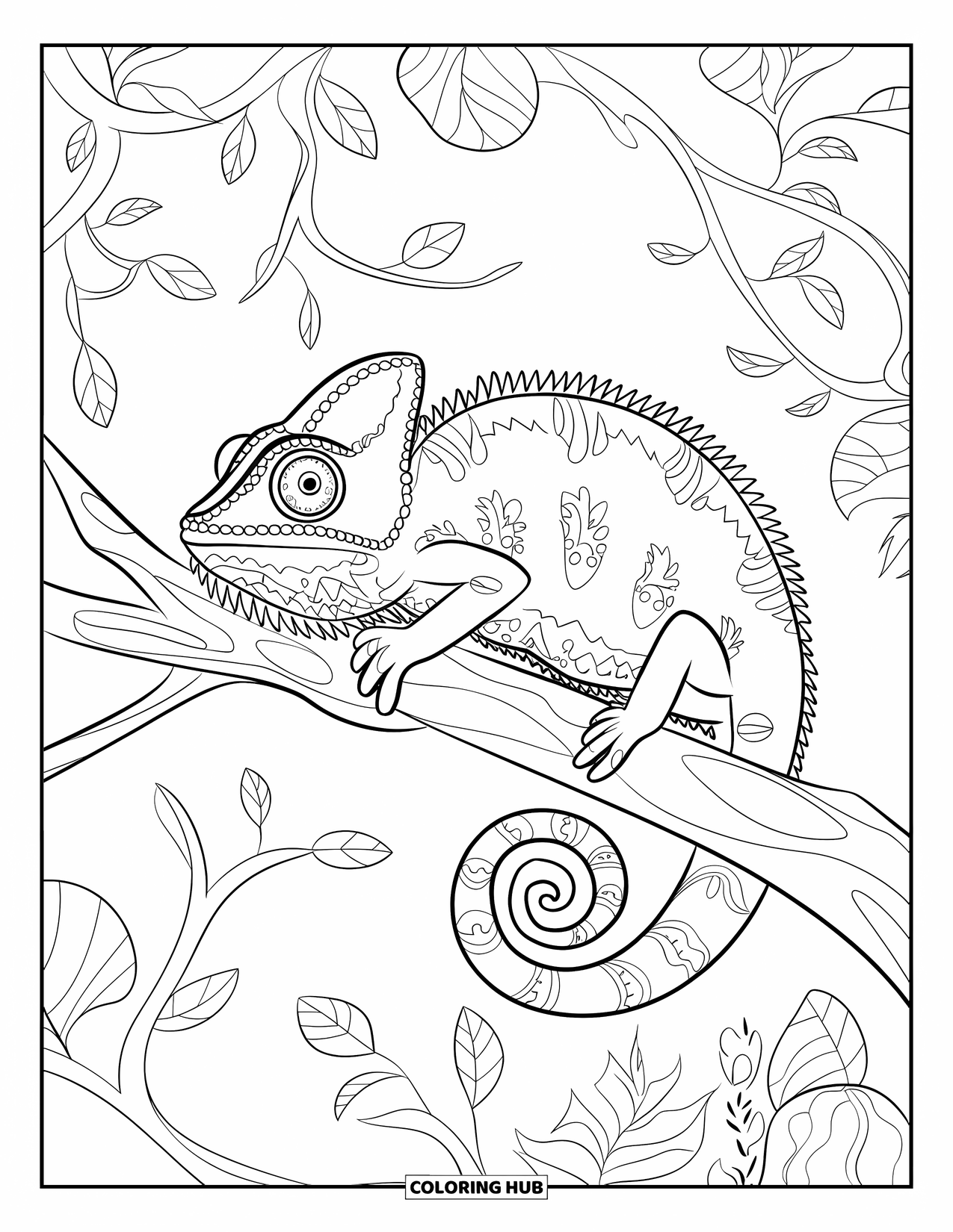 Chameleon Coloring Page for Adults: A chameleon perches on a branch within botanical mandala patterns