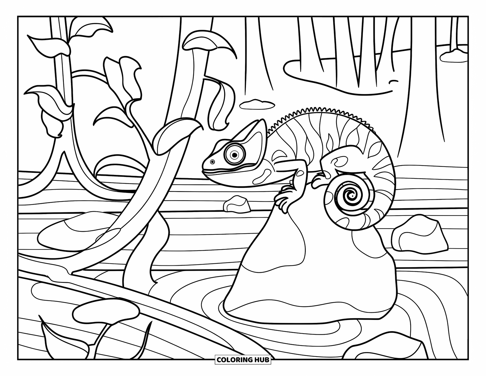 Chameleon Coloring Page for Adults: A chameleon perches on a rock in a peaceful zen garden