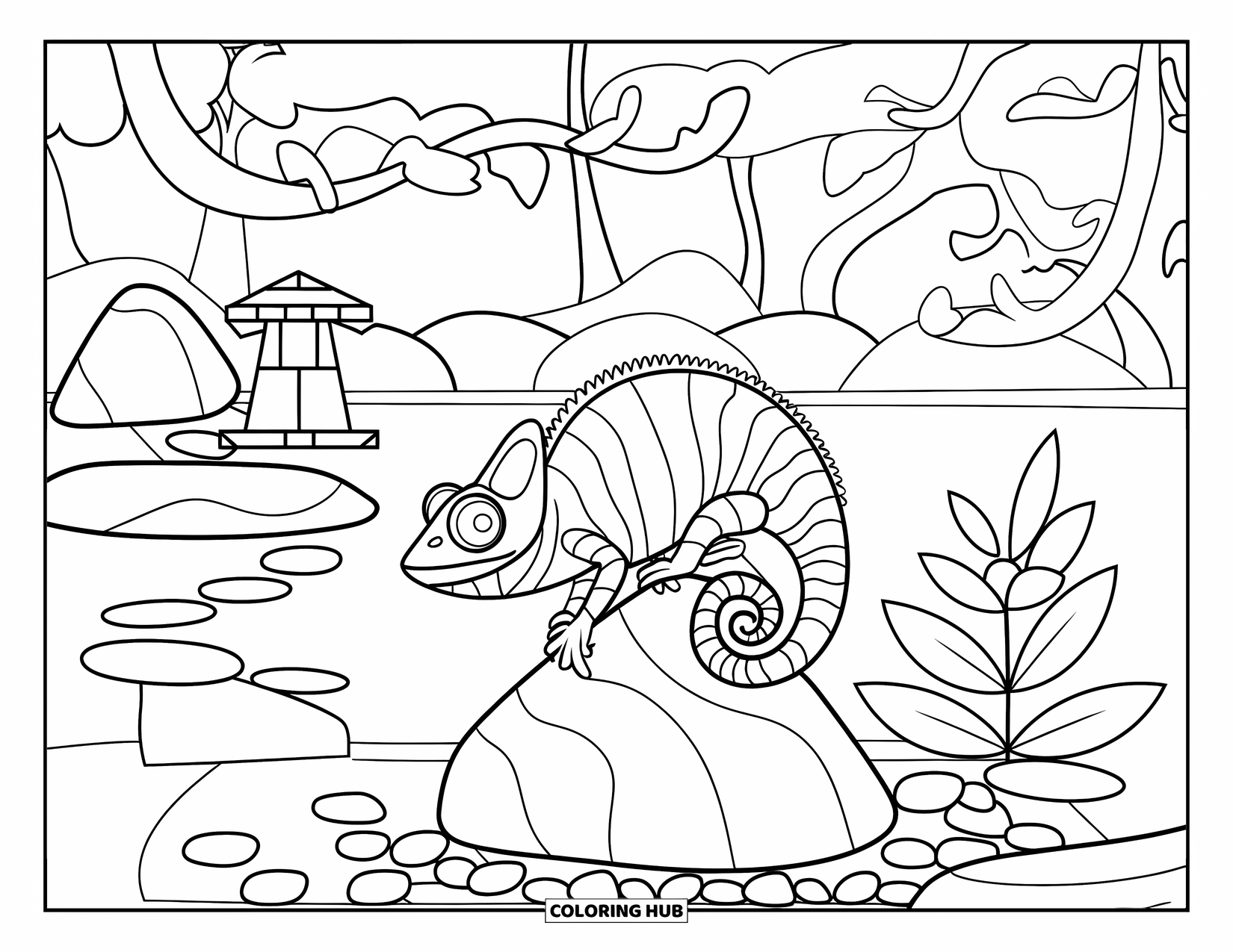 Chameleon Coloring Page for Adults: A chameleon perches on a rock in a zen garden with lantern and trees